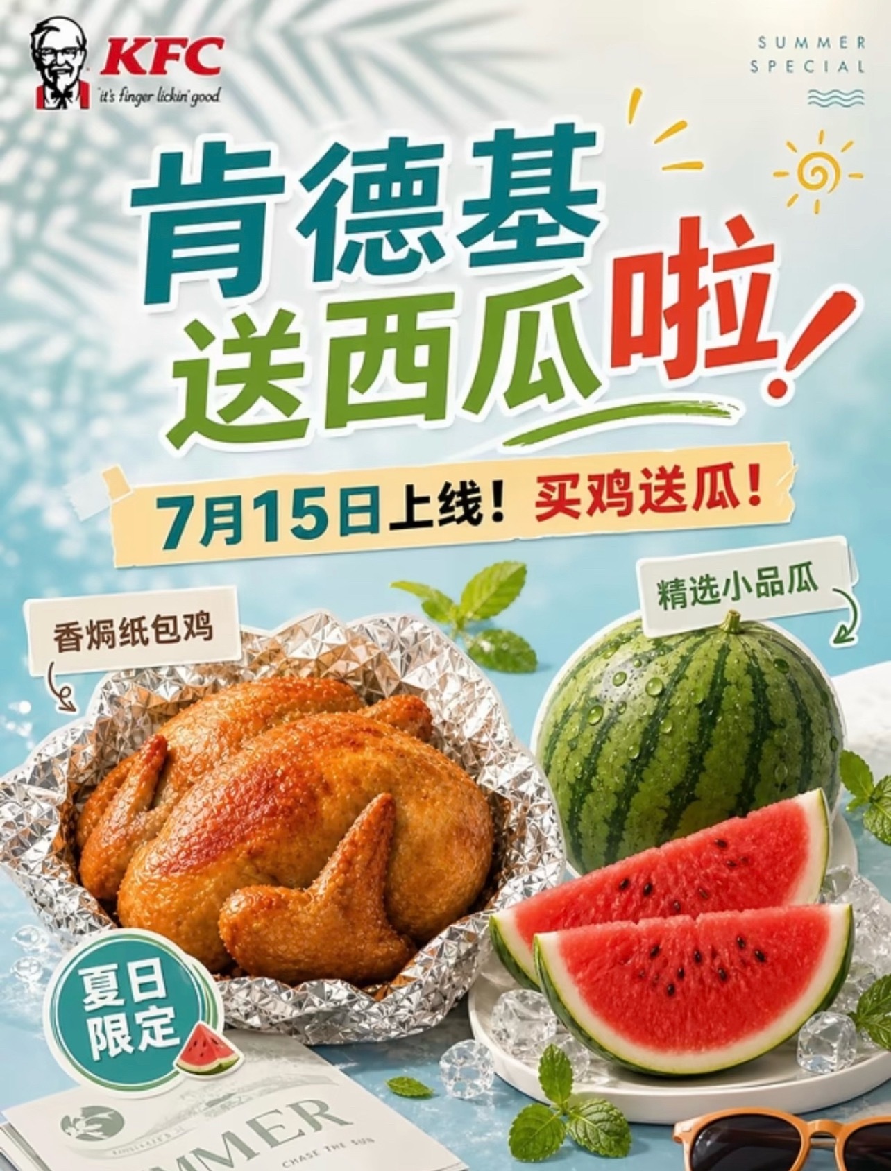 炸鸡配西瓜看愣美国网友哈哈哈哈，肯德基太勇了。“fried chicken me