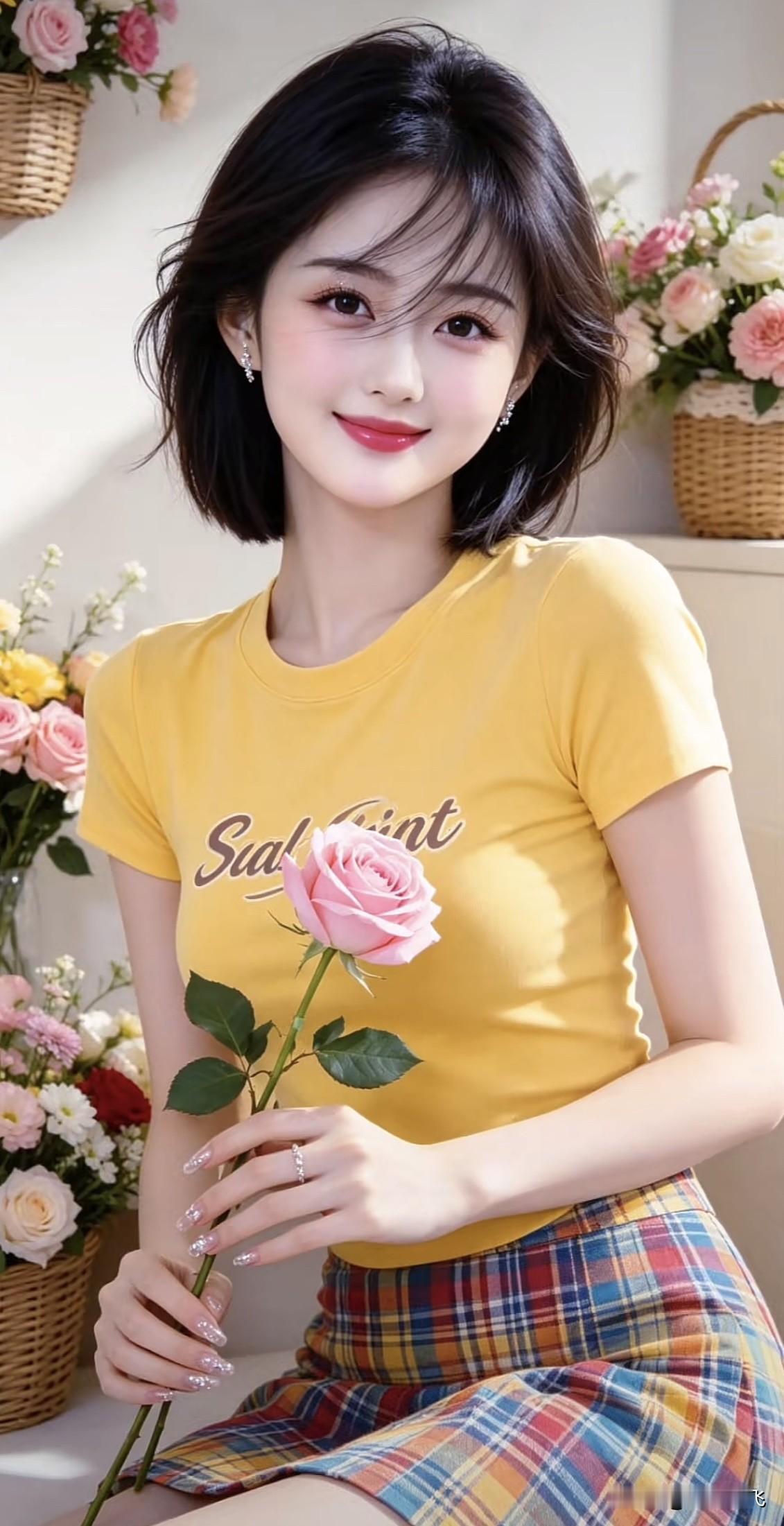 甜美少女风，黄色T恤搭配彩色格子裙，手捧粉色玫瑰，元气满满！🌸💖粉色显嫩穿搭