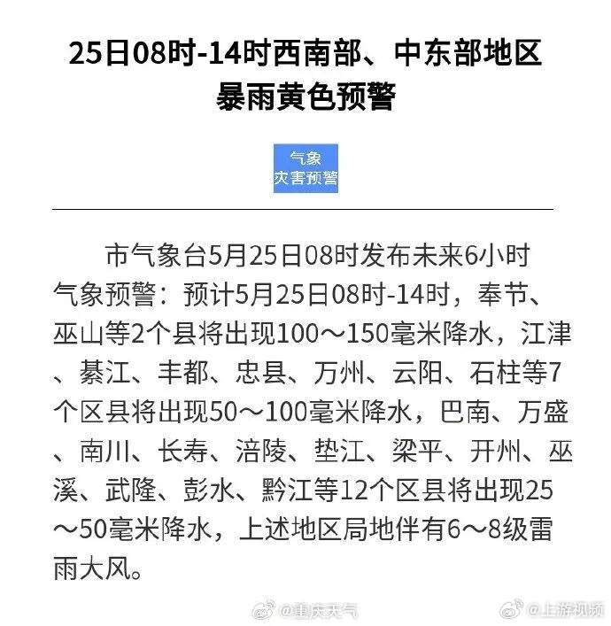 #重庆西南部中东部地区暴雨黄色预警#【雷雨+大风！25日8时-14时，重庆西南部