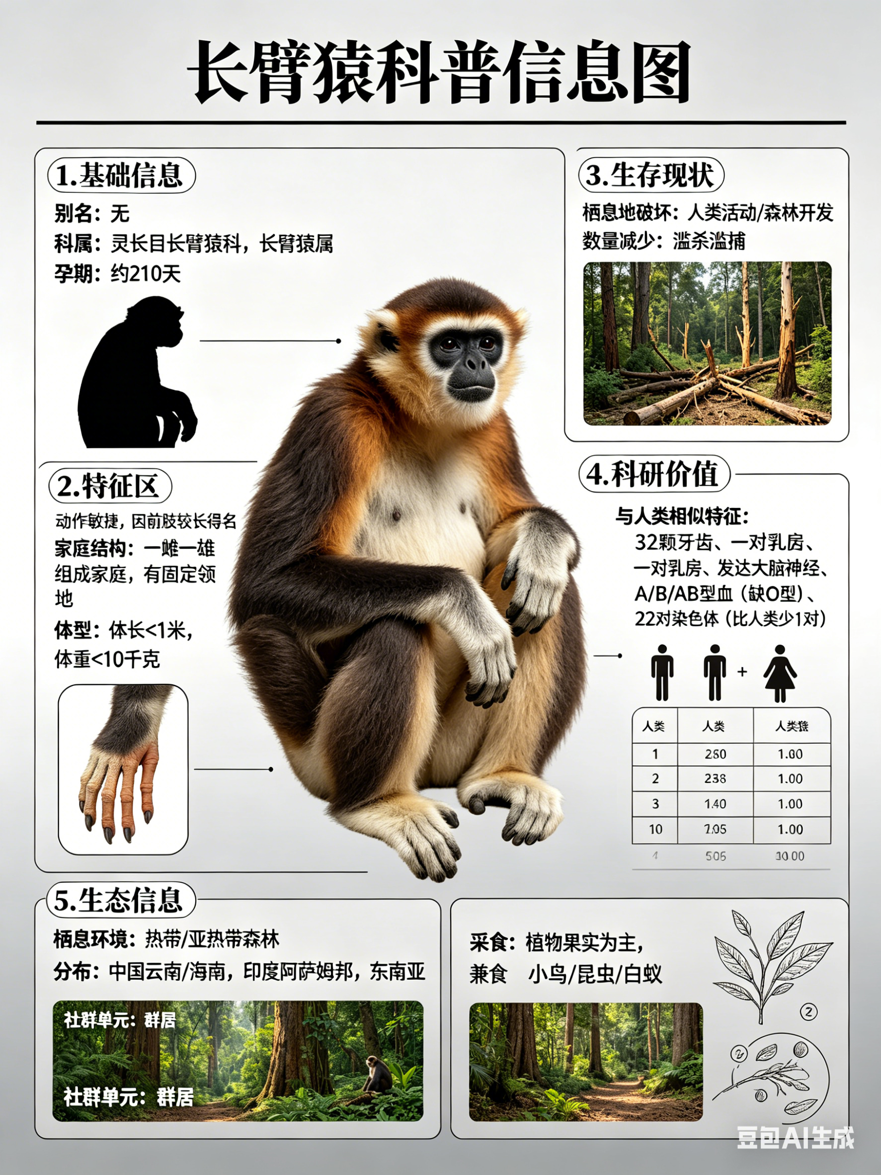 奇妙生物圈 长臂猿别名：无科属：灵长目长臂猿科，长臂猿属孕期：约210天长臂猿动