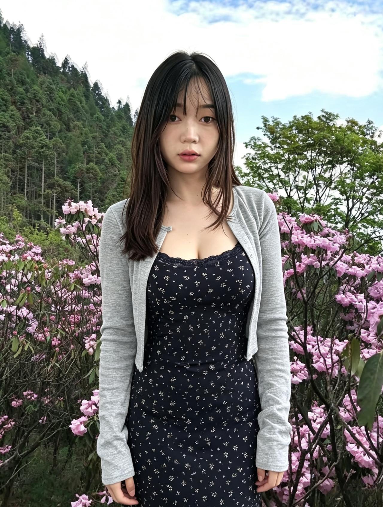 粉蕊盈枝映裙裳，玉容浅笑映晴光。
何须借得春颜色，花自因人添韵长。