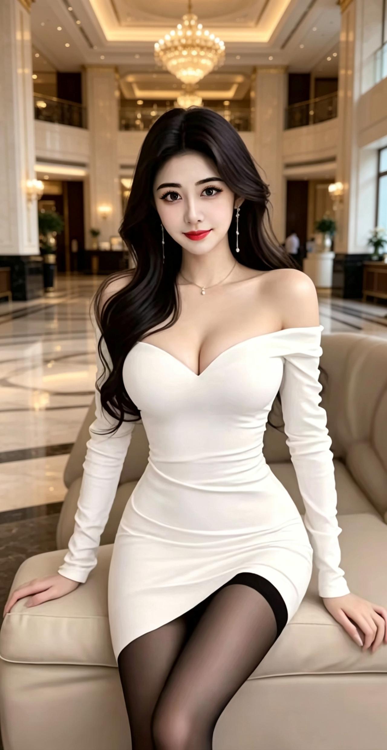 《厅中白影》
 
玉宇灯华泻暖光，清辉漫洒大理石廊。
霜裙裁得云边月，雪颈凝如镜