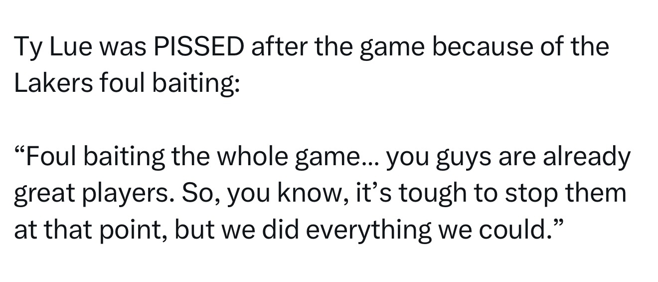 泰伦·卢赛后公开指责湖人故意骗犯规：“整场比赛都在骗犯规……你们本来就是很出色的