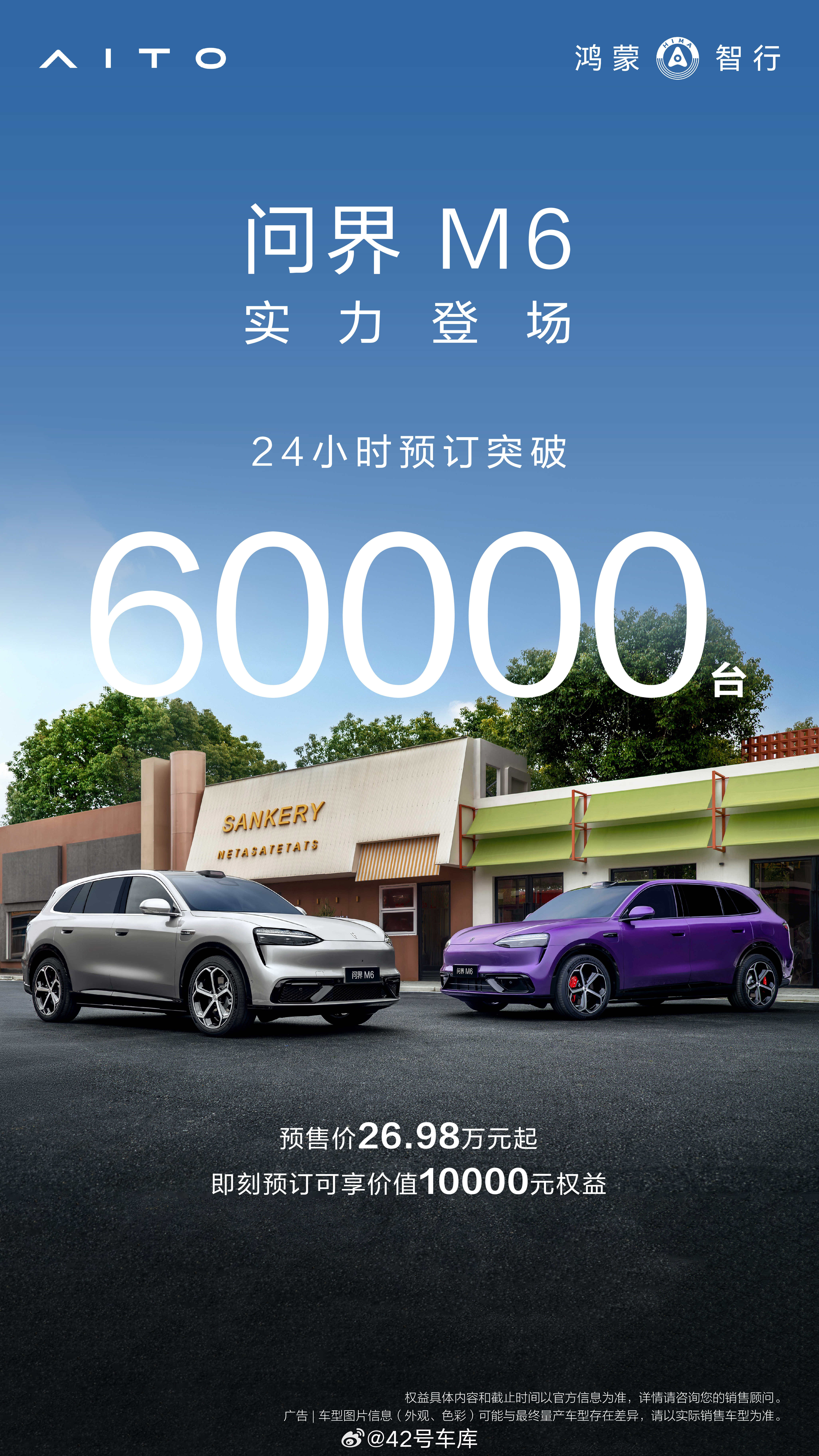 问界m6 24 小时订单突破 60,000 台！非常好的成绩！42how