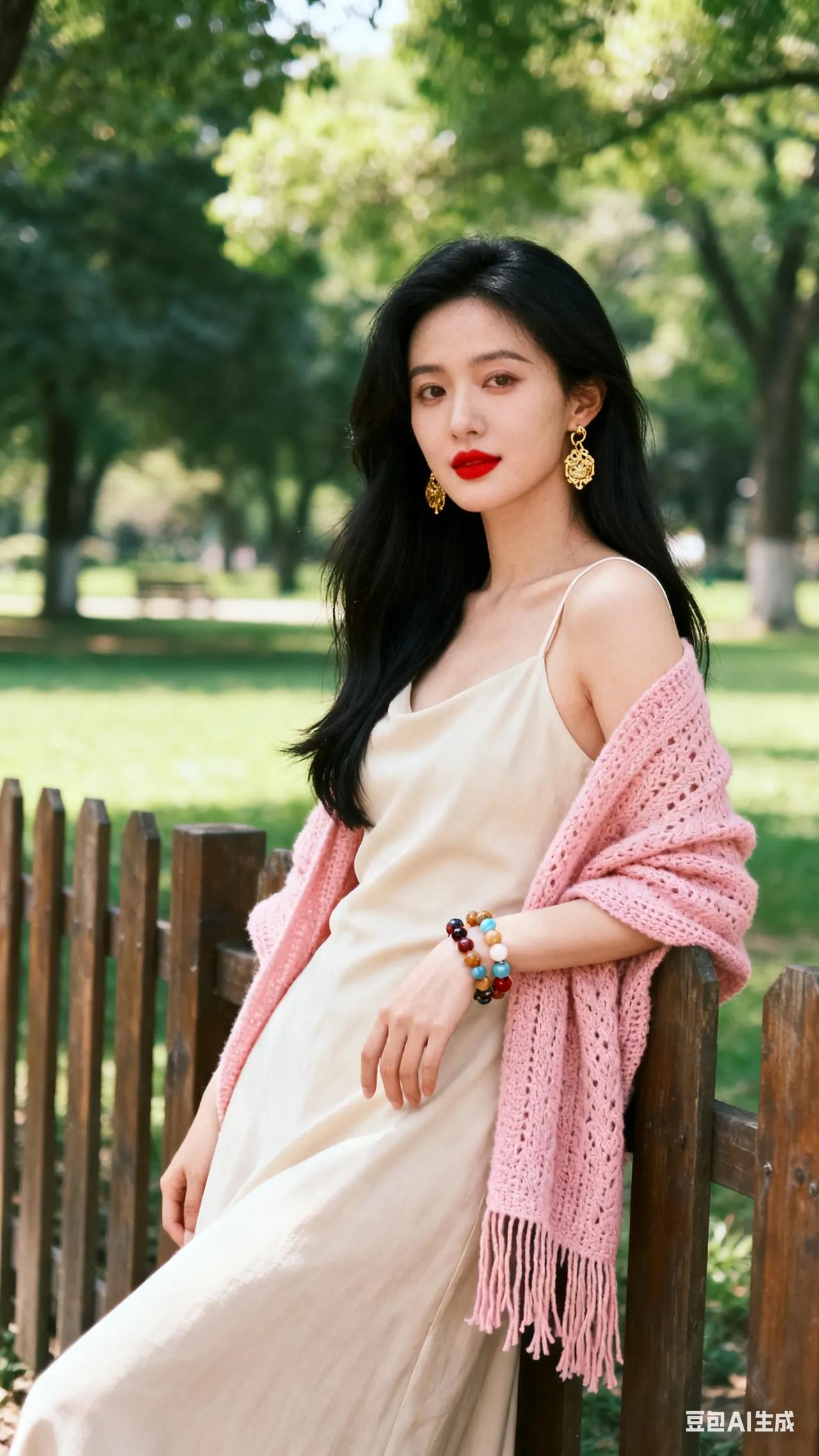 清新穿搭，粉色针织衫搭配米色连衣裙，尽显优雅与自然。