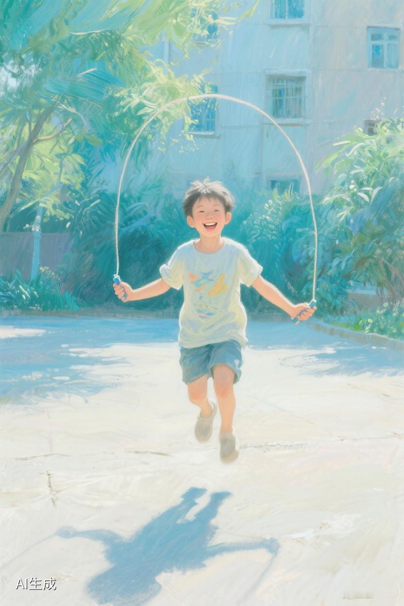 AI随心绘阳光下，那孩子欢快跳绳，每一跃都是对平凡生活诗意的跃动，藏着无尽的活力