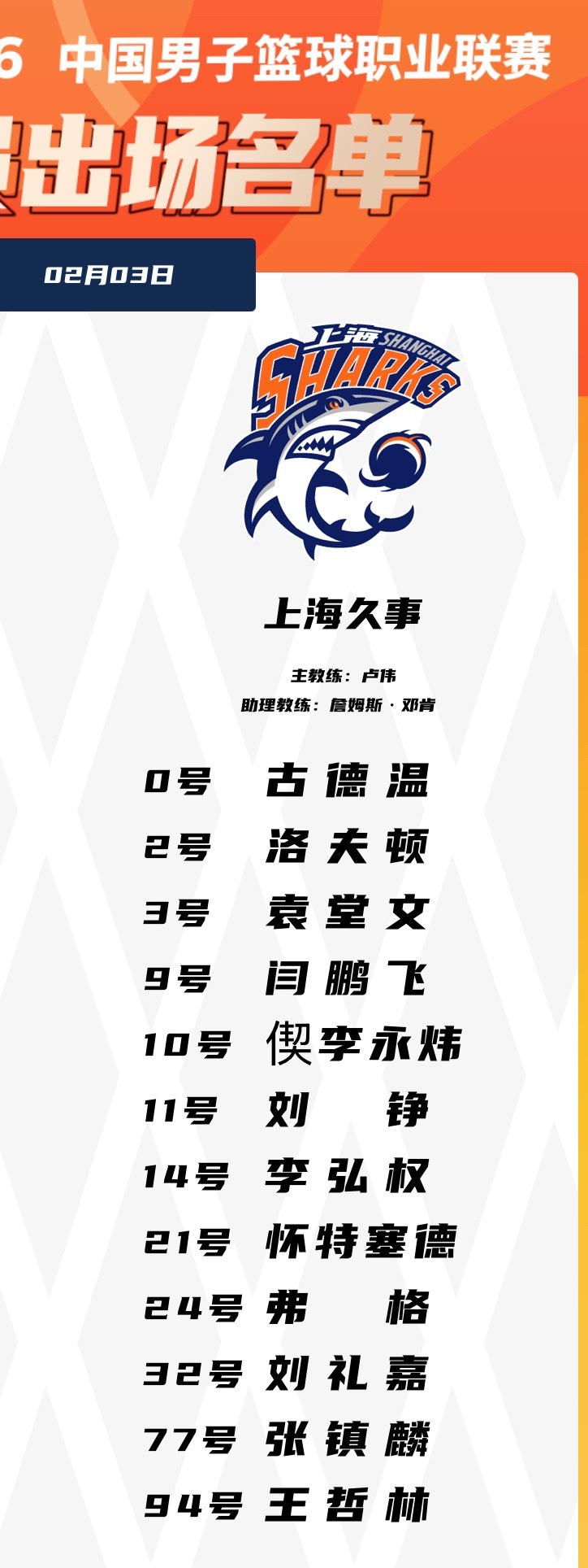 今晚上海客场对xx赛前上海队大名单上海久事大鲨鱼