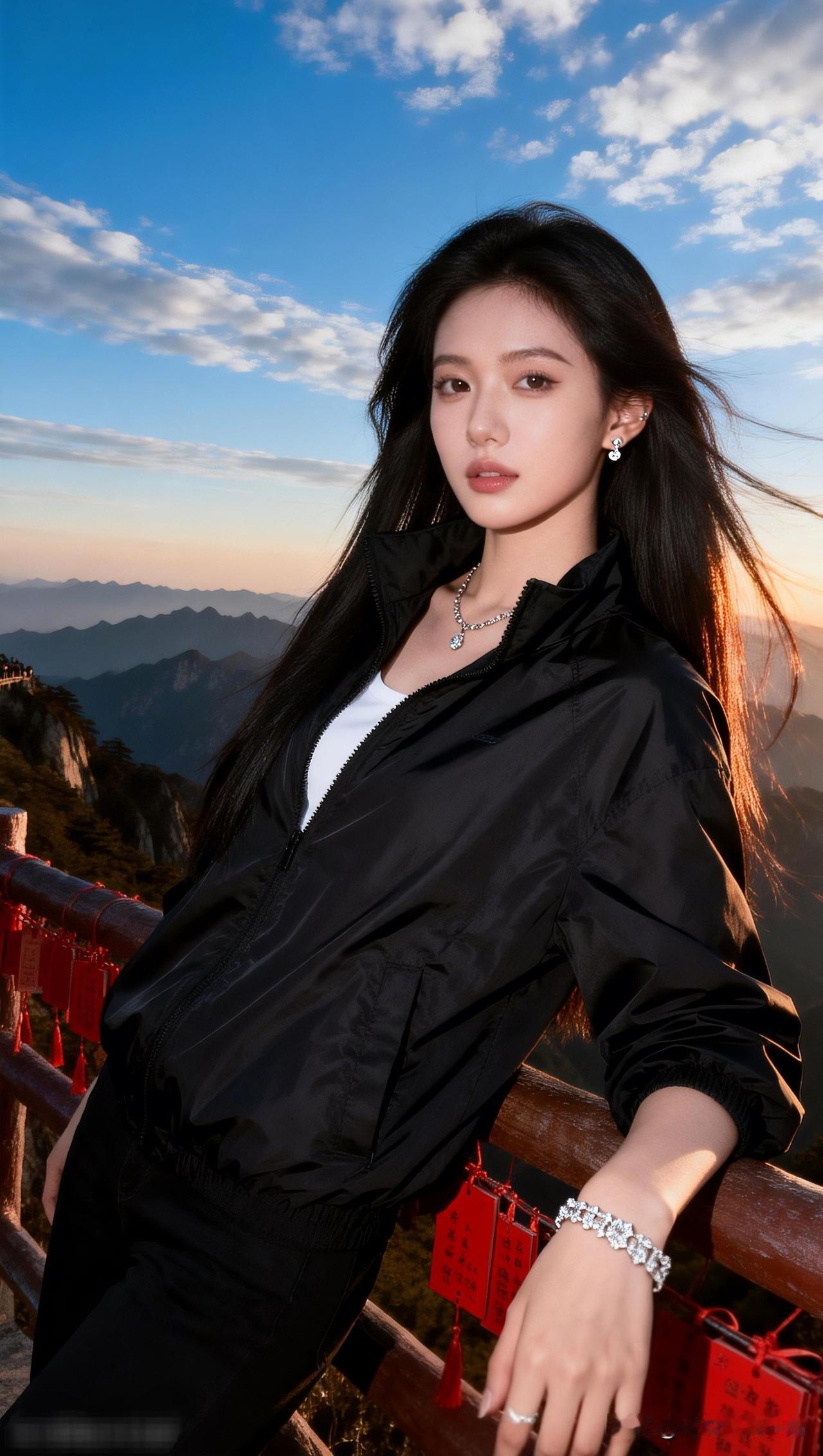 山高水长，风华绝代。一眼沦陷的神级美图 山巅之上，风姿绰约，黑衣少女与云海相映成