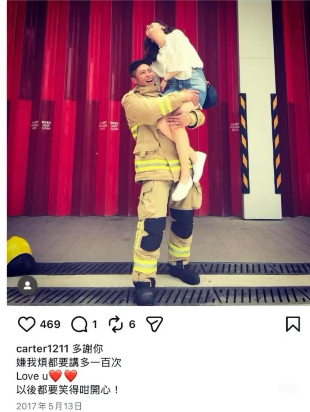 香港大火牺牲的消防员下个月结婚，

在他的社交媒体上看到了他身穿消防服，高举女友
