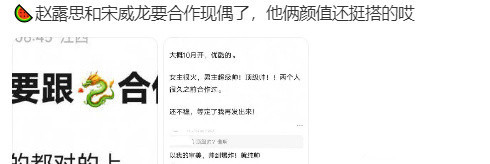 #赵露思宋威龙网传合作#   网传赵露思、宋威龙将合作现偶！吃瓜不信瓜，还是先期