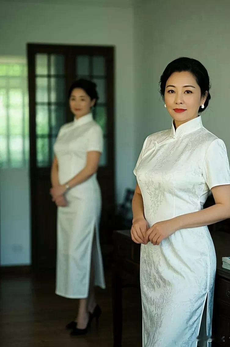 《旗袍双姝》
 
两位佳人着旗袍，
身姿婀娜韵自飘。
白缎裁衣花暗绣，
高跟踏地