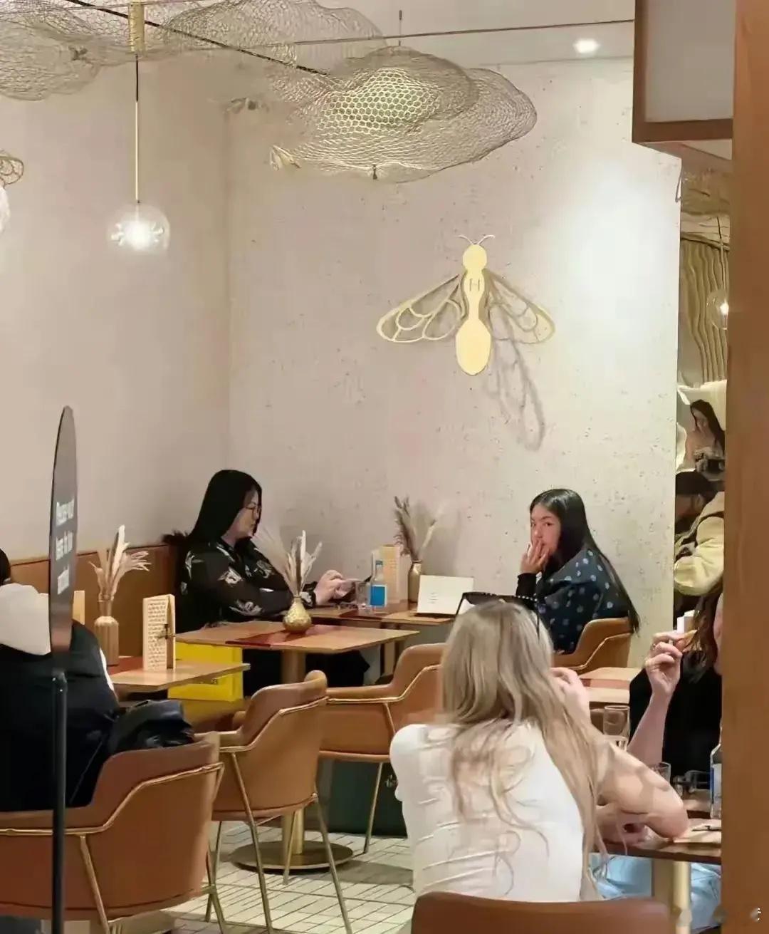 李湘与王诗龄在异国他乡的一家餐馆巧遇网友，观察餐馆的布置，发现并无过分豪华，四周