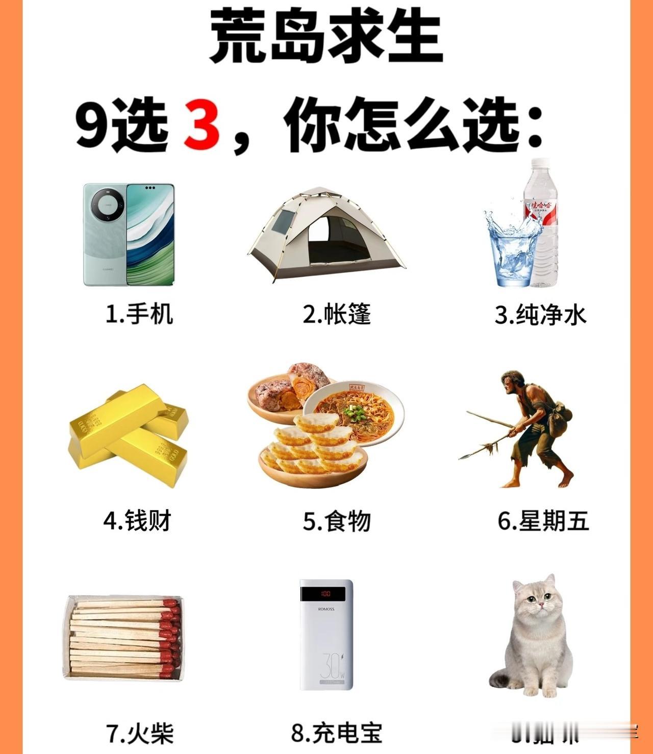 如果让你选以下三样东西去荒岛求生，你会选择哪些呢？
1.手机
2.帐篷
3.纯净