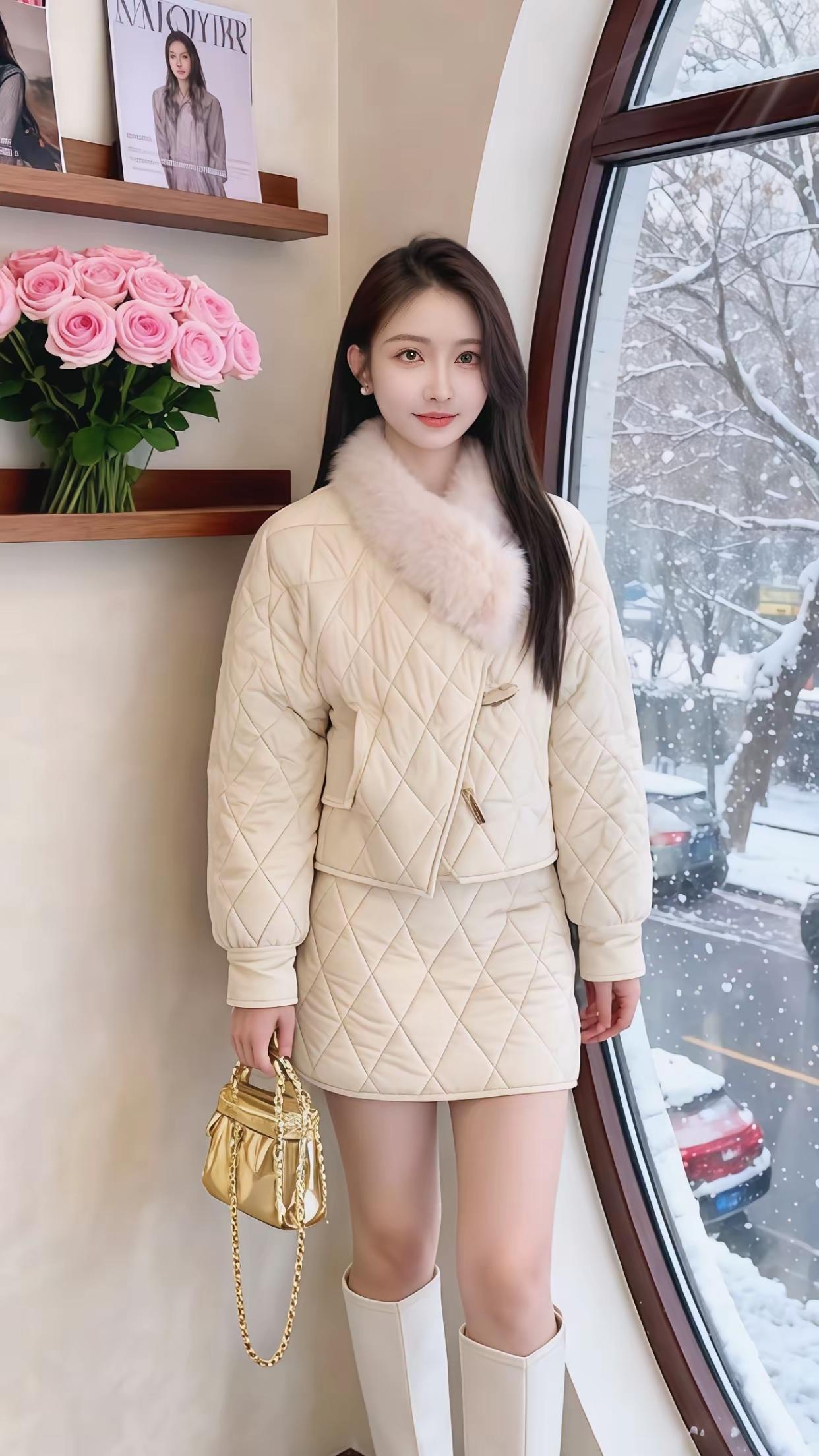 冬日暖阳下，粉玫瑰与雪景相伴，时尚穿搭尽显优雅。