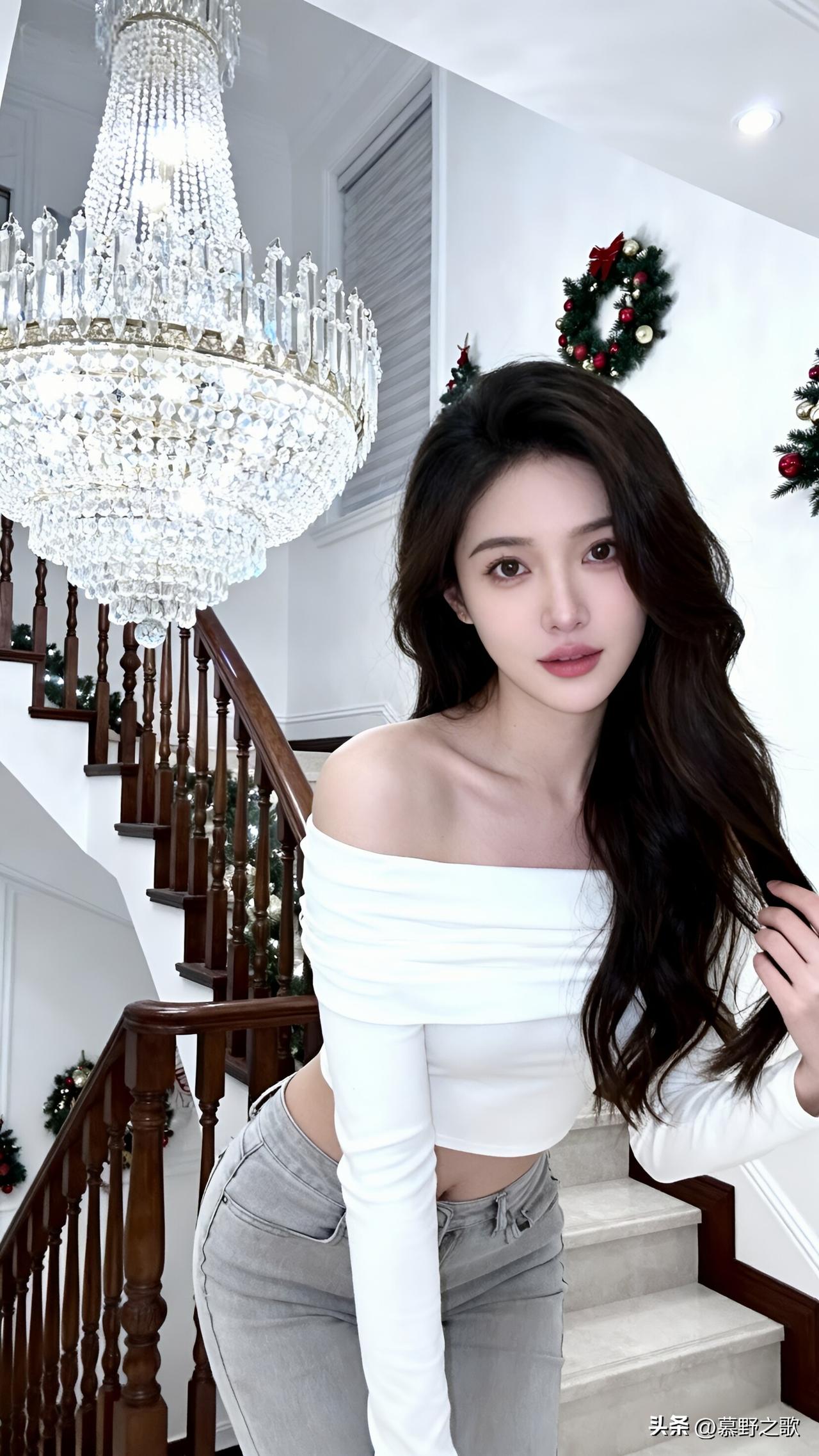 旋转楼梯向上延伸，水晶灯在头顶绽放。她站在阶梯中央，白色露肩上衣露出腰线，灰色牛