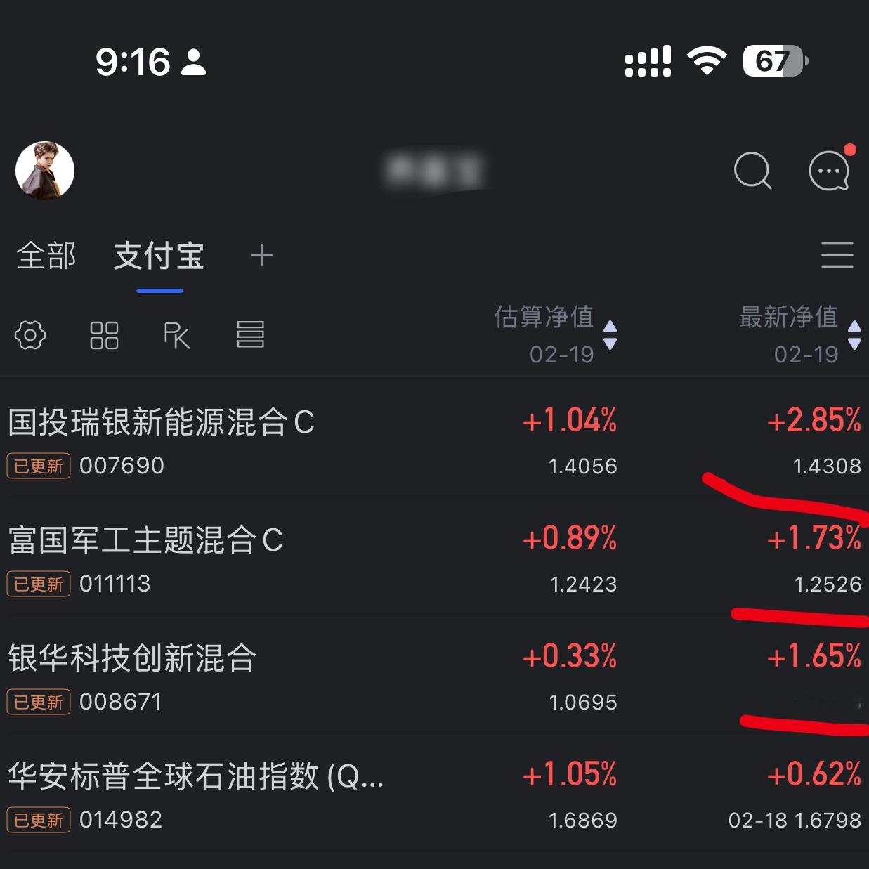 哇，今天国投新能源涨了2.85%啊[送花花]银华科技涨了1.65%，军工1.7%