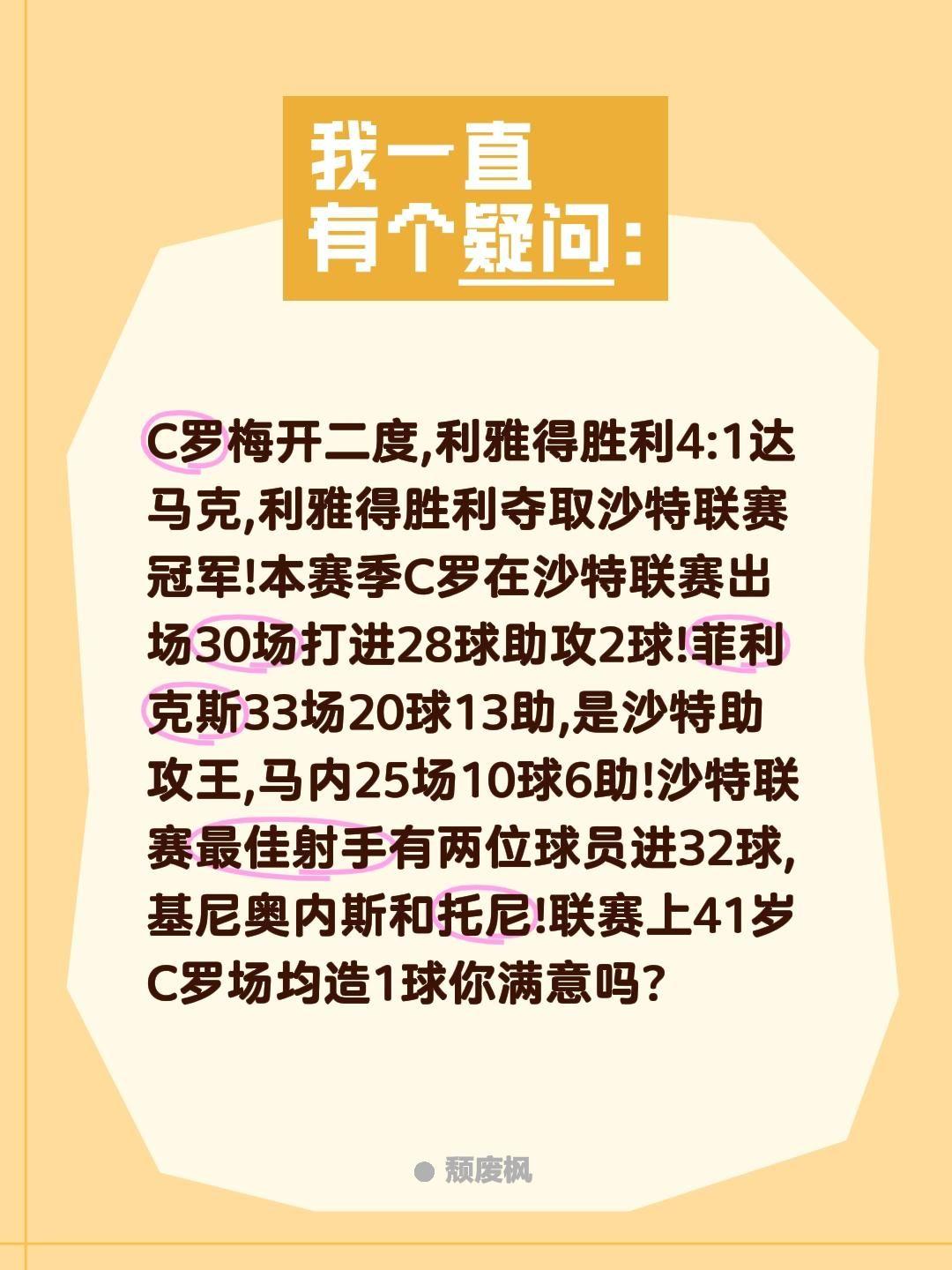 C罗梅开二度,利雅得胜利4:1达马克,利雅得胜利夺取沙特联赛冠军!本赛季C罗在沙