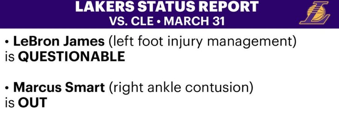 今天比赛，詹姆斯（左脚伤病管理）出战成疑，斯玛特（右脚踝挫伤）依然缺阵。骑士6人