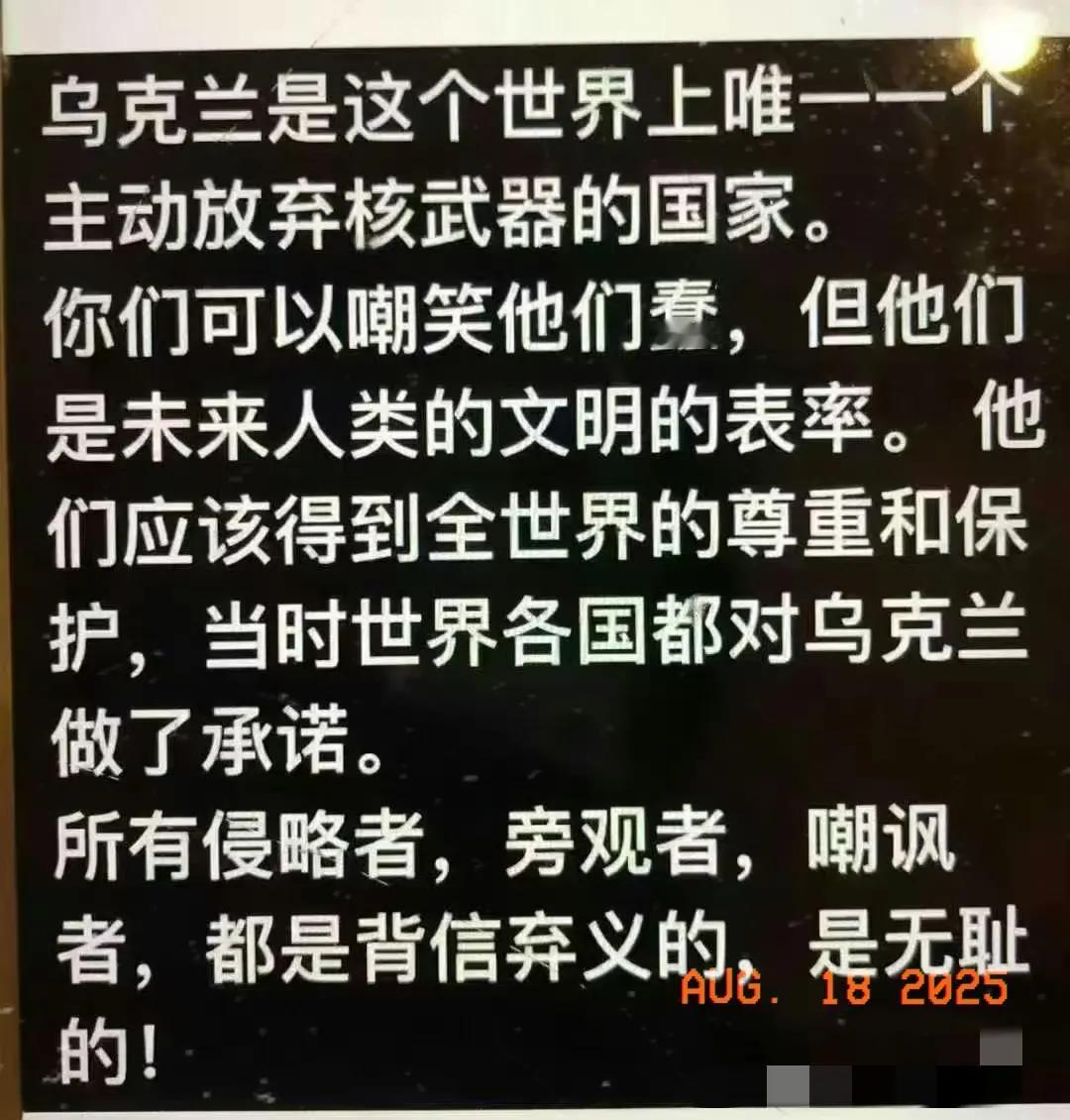 乌克兰是这个世界上唯一主动放弃核武器的国家。你们可以嘲笑他们蠢，但他们是未来人类