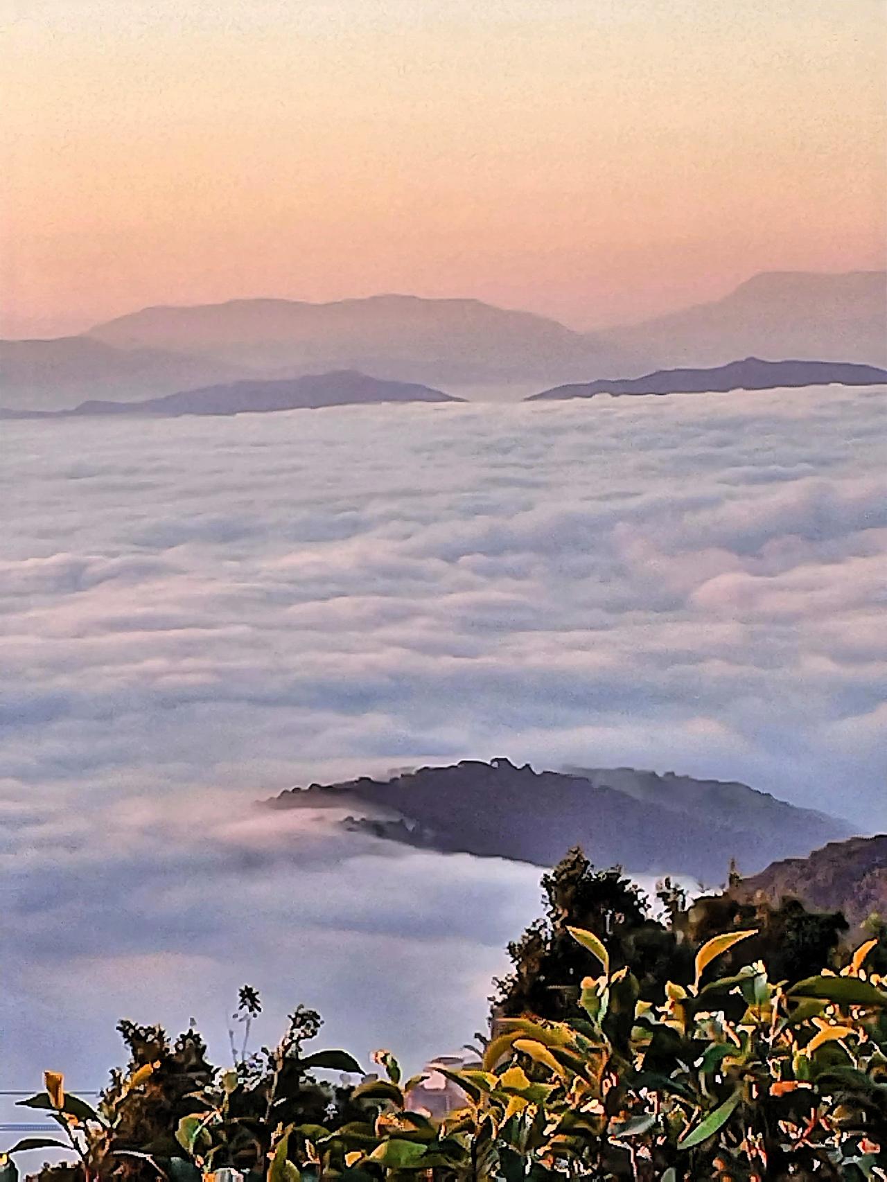 云海之上，山峦若隐若现，如梦如幻，远处的山峰在云海中时藏时露，仿佛是一群调皮的孩