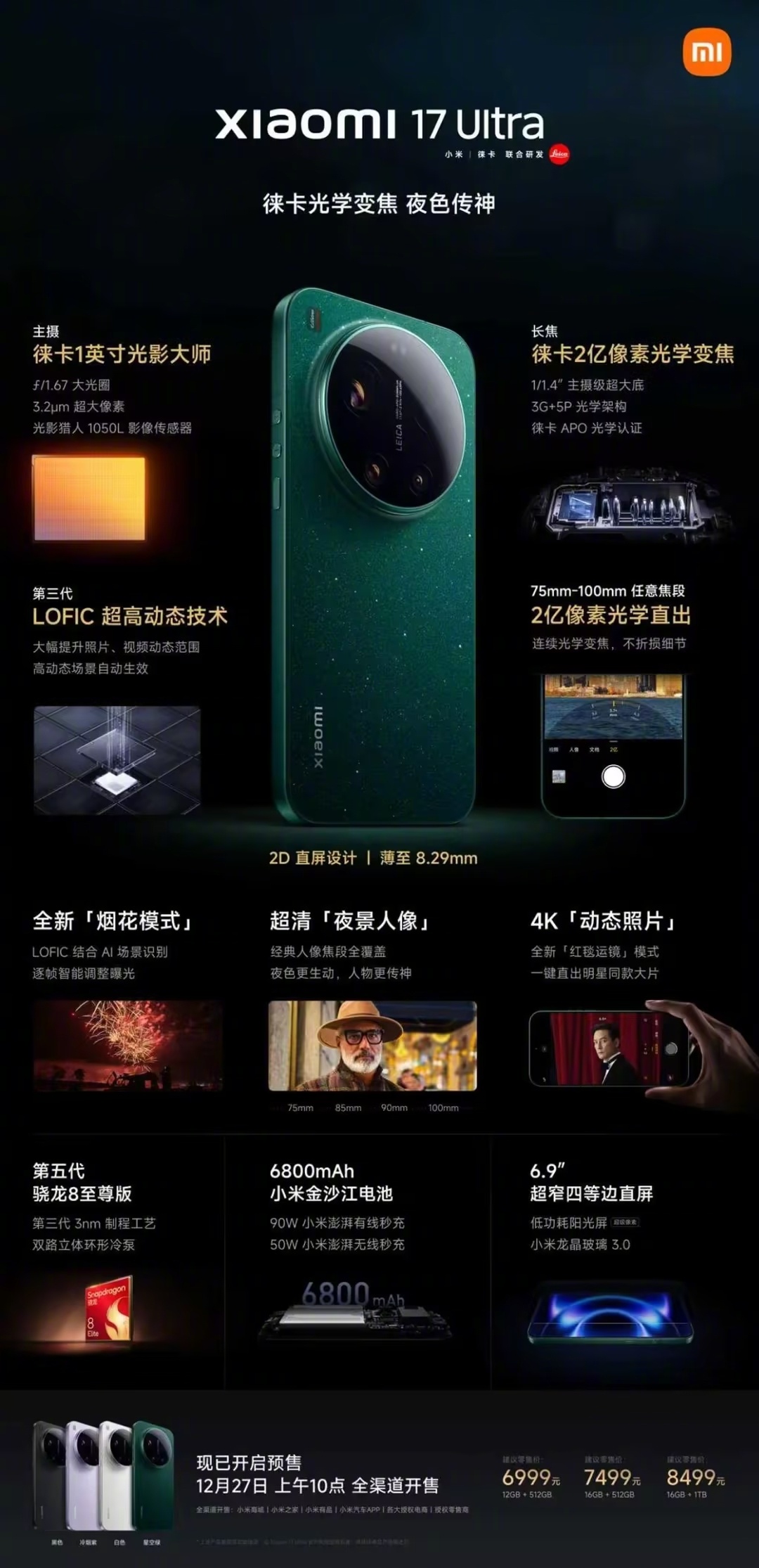 小米17Ultra今日发布新一代小米夜神，6999元起徕卡1英寸光影大师，搭载 