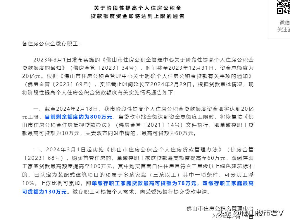 仅剩800万！佛山20亿公积金贷款额度资金将达上限！

20亿贷款额度资金仅剩8