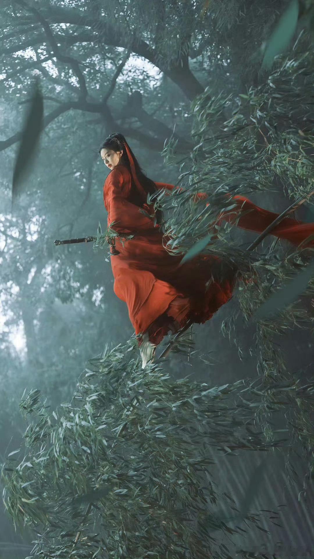 王鹤润红衣好有江湖侠气🌿竹径通幽处，红衣侠女行，王鹤润执剑漫步，自带清冷侠气，