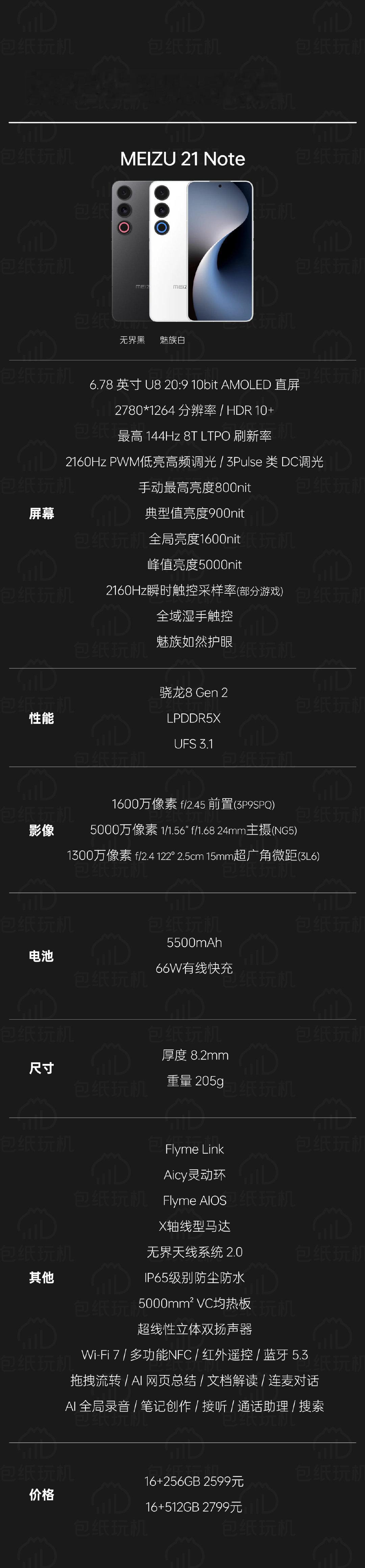 给大家整理了魅族21 Note的详细参数，大家可以参考一下 ​​​