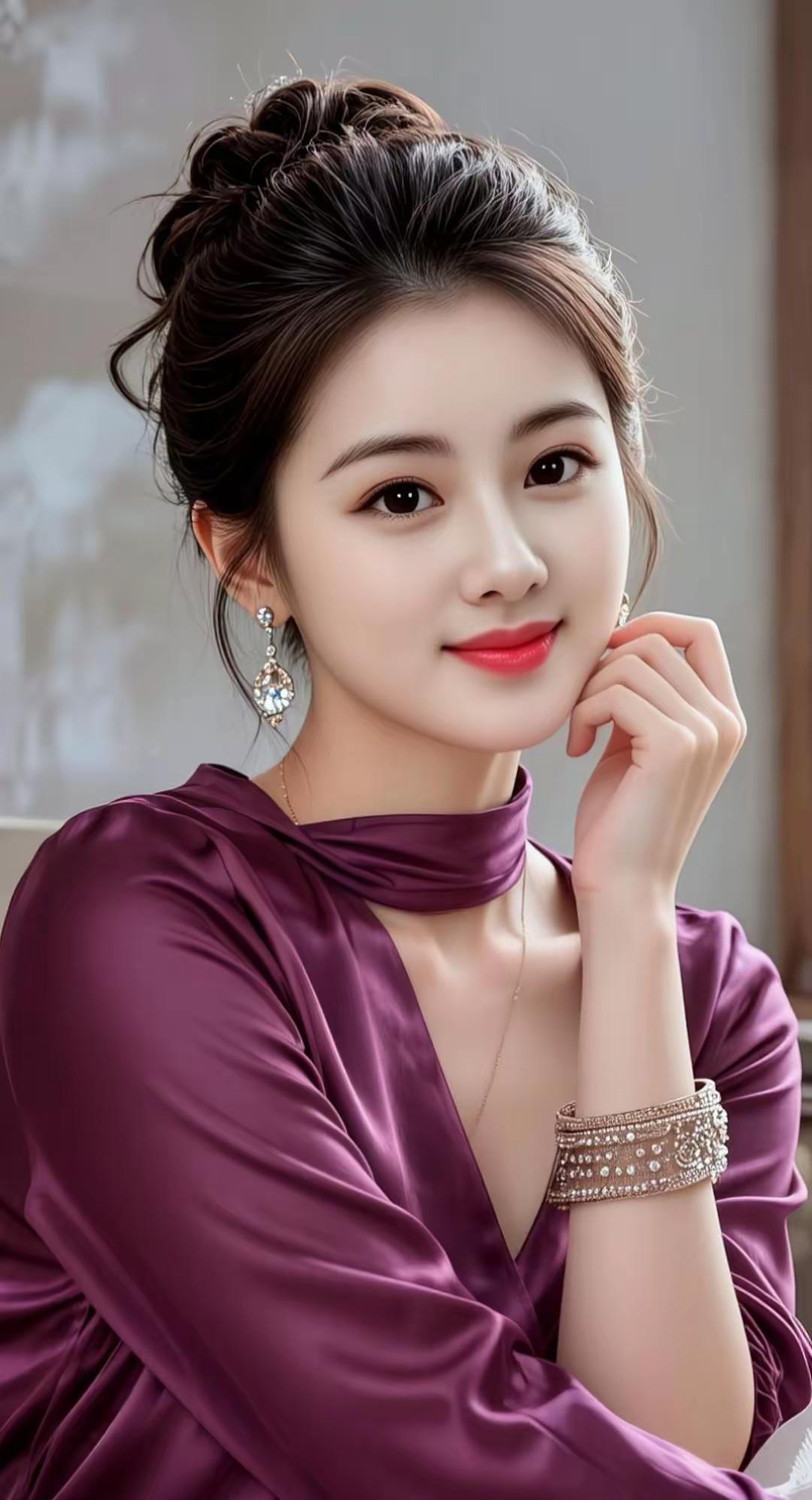 优雅紫衣少女，精致妆容，闪耀耳环，气质满分！