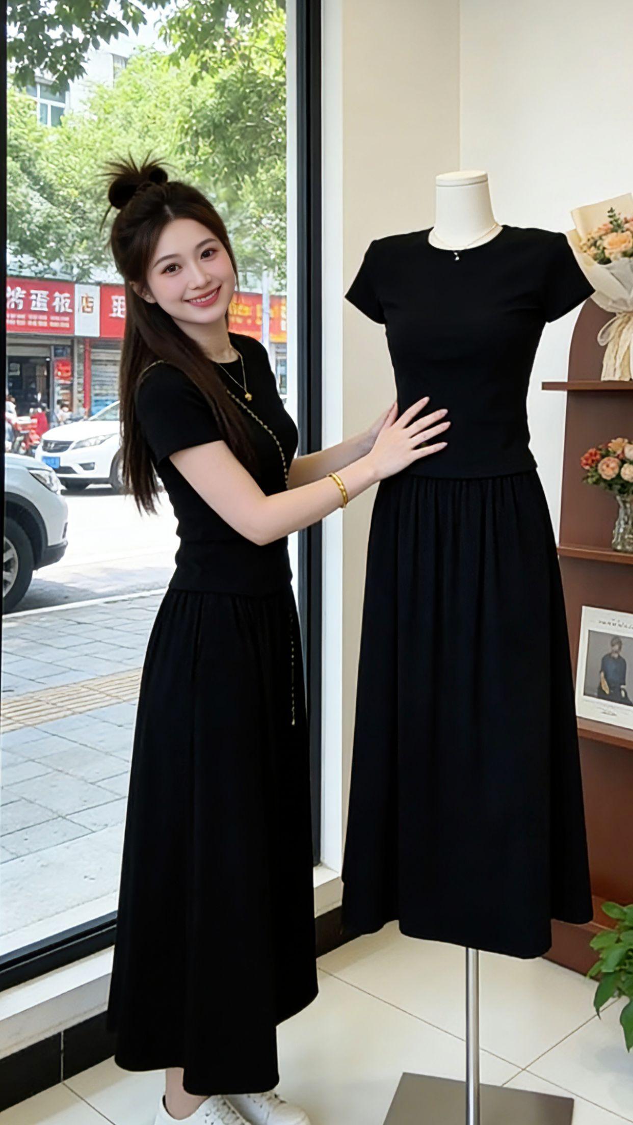 夏天就爱这种一套搞定的省心穿搭！这套黑色两件套太懂女生了，修身短T恤精准拉高腰线