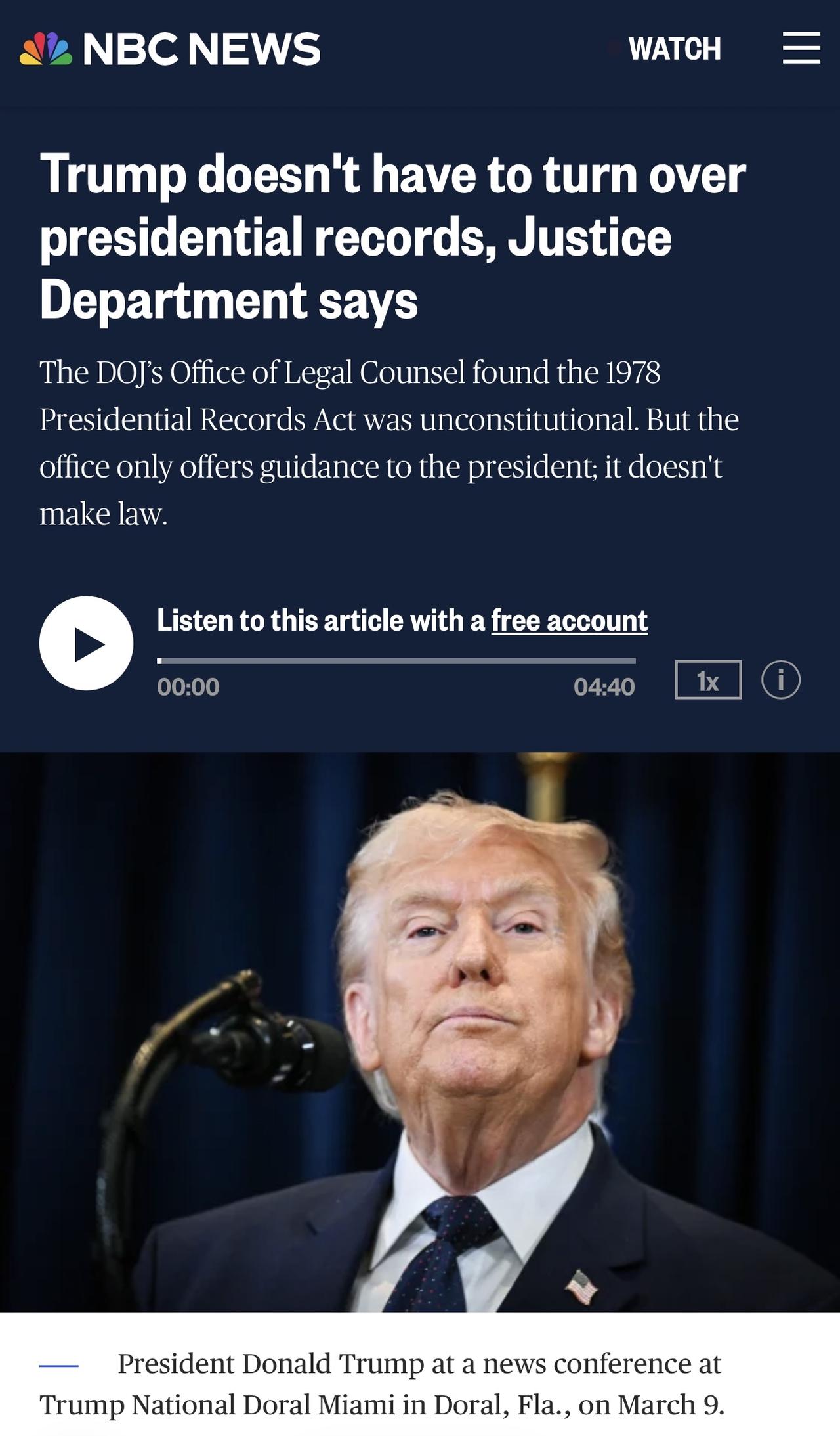 美国司法部发布法律意见称，唐纳德·特朗普总统无需在其任期结束时将其总统档案移交给