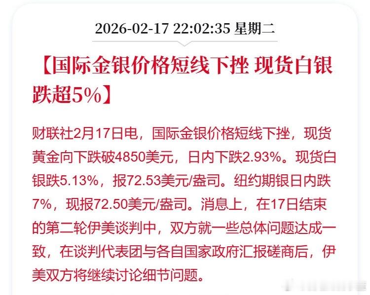 国际金银价格短线下挫 现货白银跌超5% 