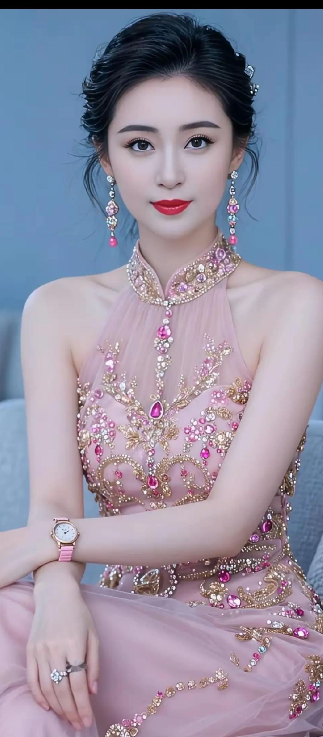 粉衣美人，珠光宝气。