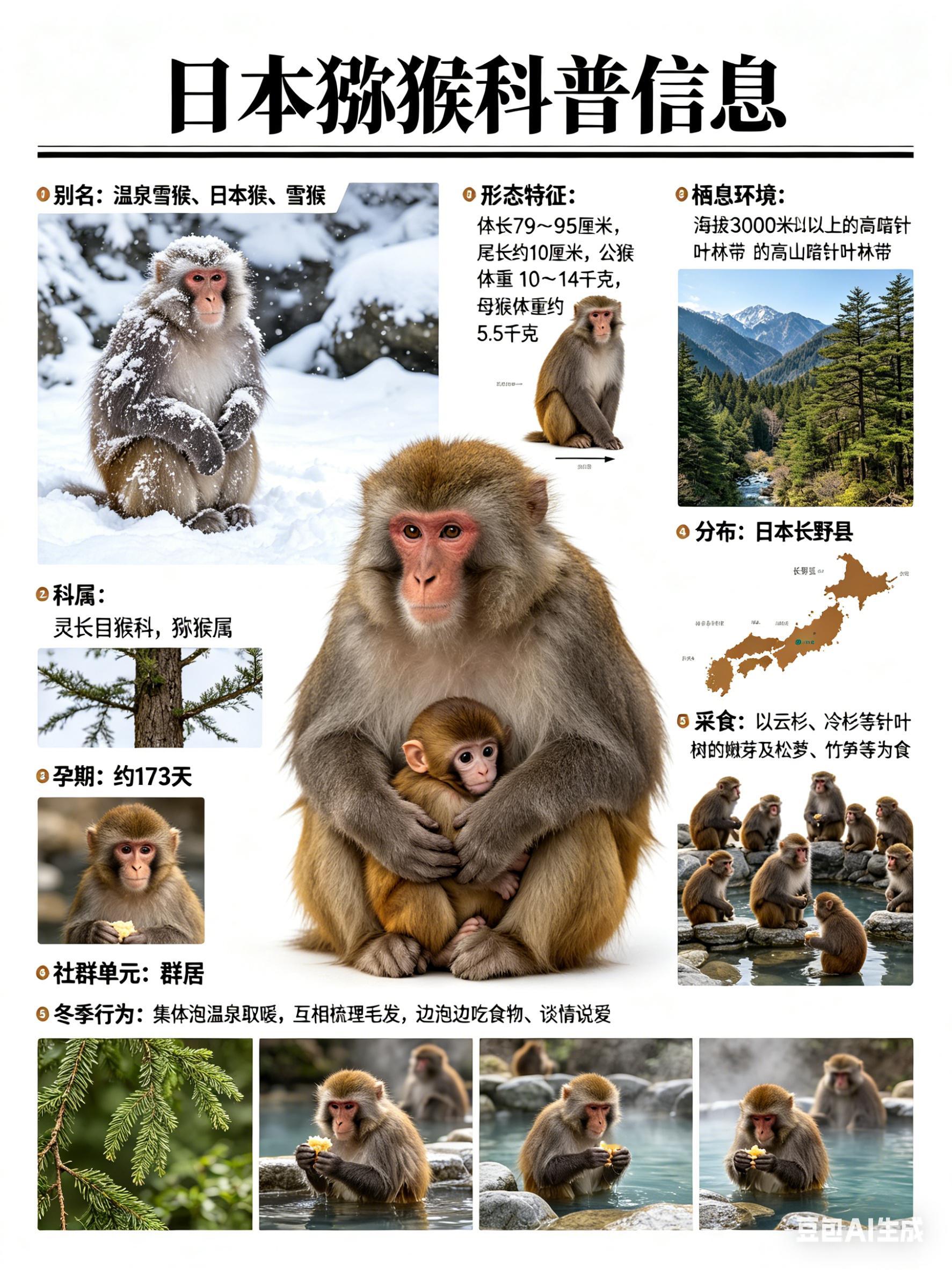 奇妙生物圈 日本猕猴别名：温泉雪猴、日本猴、雪猴科属：灵长目猴科，猕猴属孕期：约