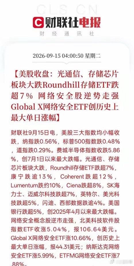 隔夜美股分化！光通信存储大跌，网安逆势爆发隔夜美股走出明显分化，对咱们A股开盘会