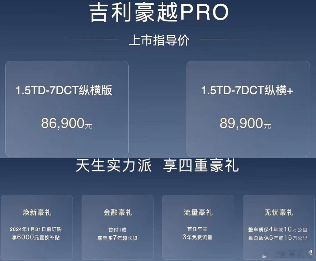 1月11日，吉利豪越PRO正式上市并开启交付。两款车型售价分别为8.69万元（纵