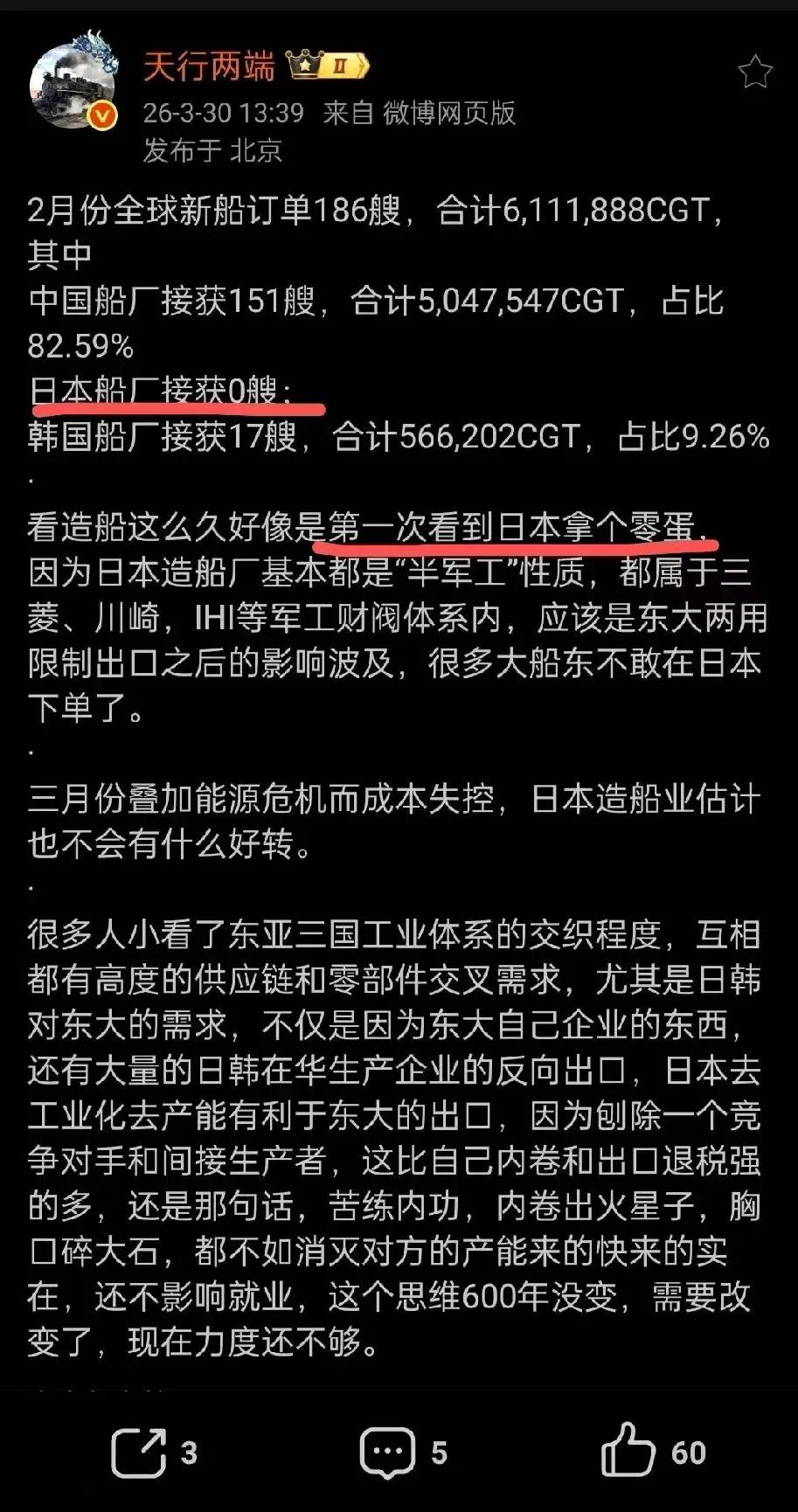 2月份日本造船厂一个订单也没有拿到，竟然被剃了个光头。网友认为，这主要是因为日本
