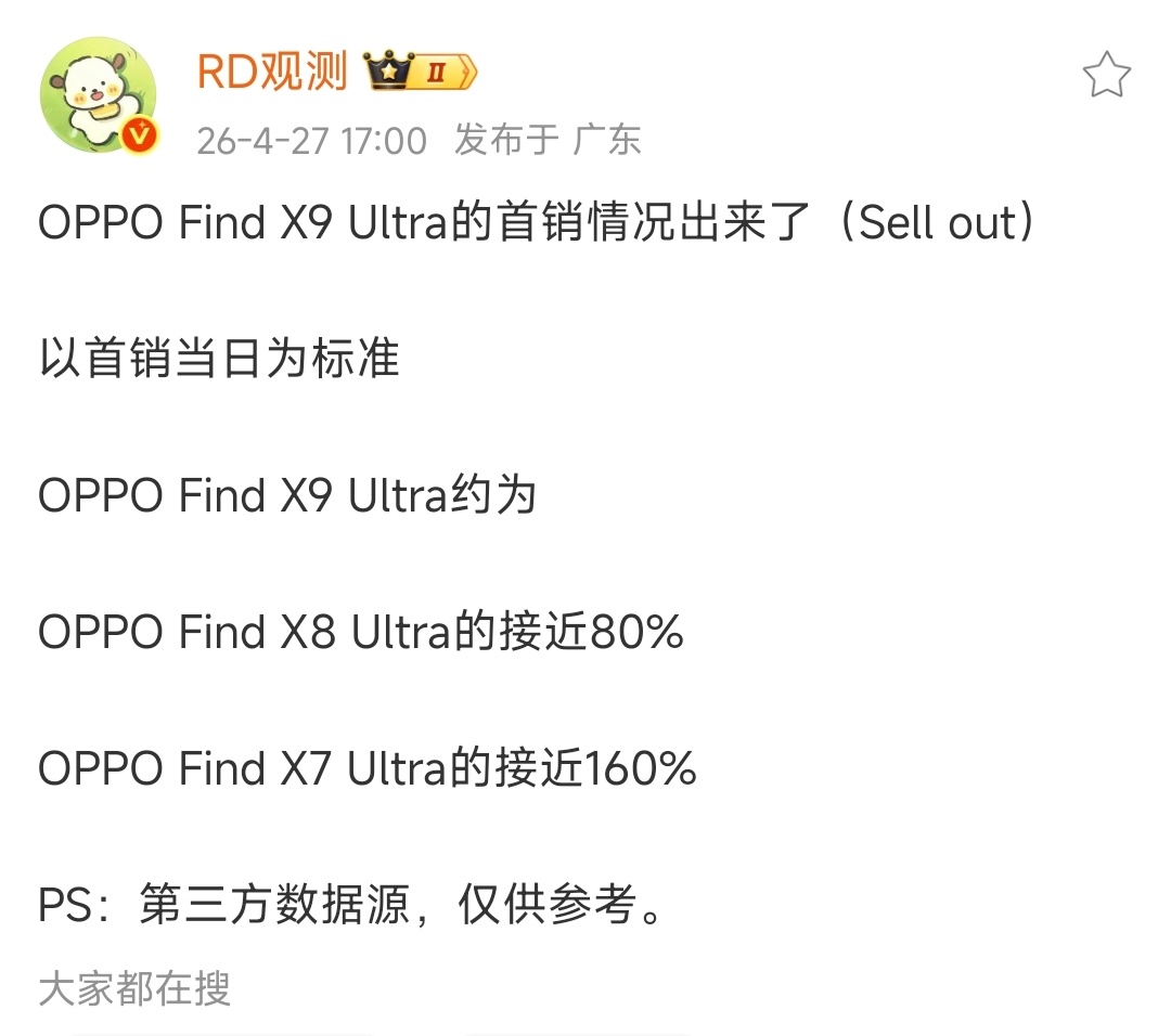 OPPO Find X9 Ultra的首销情况出来了！大家感觉咋样？这销量确实超