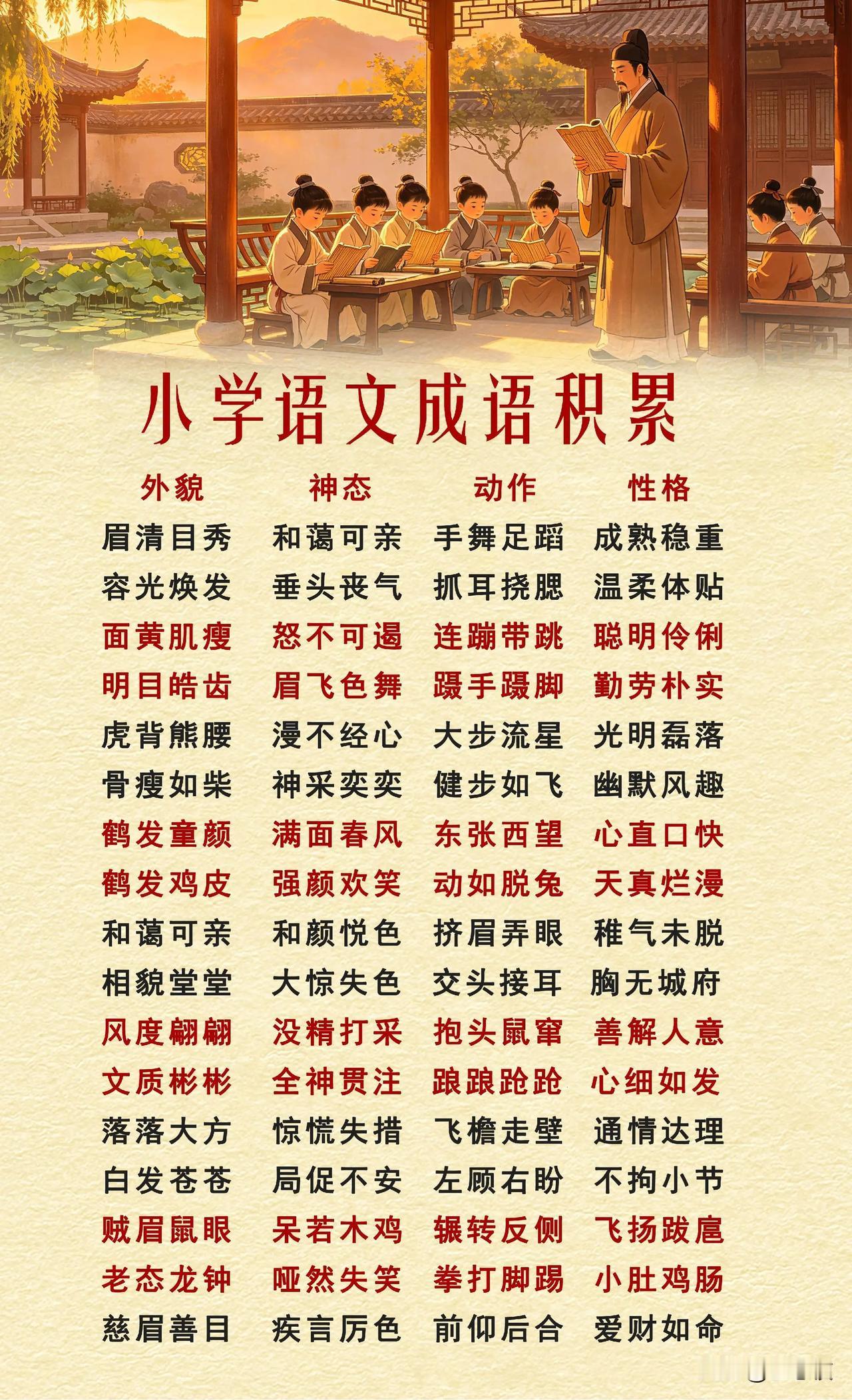 一群学生在古代学堂学成语。