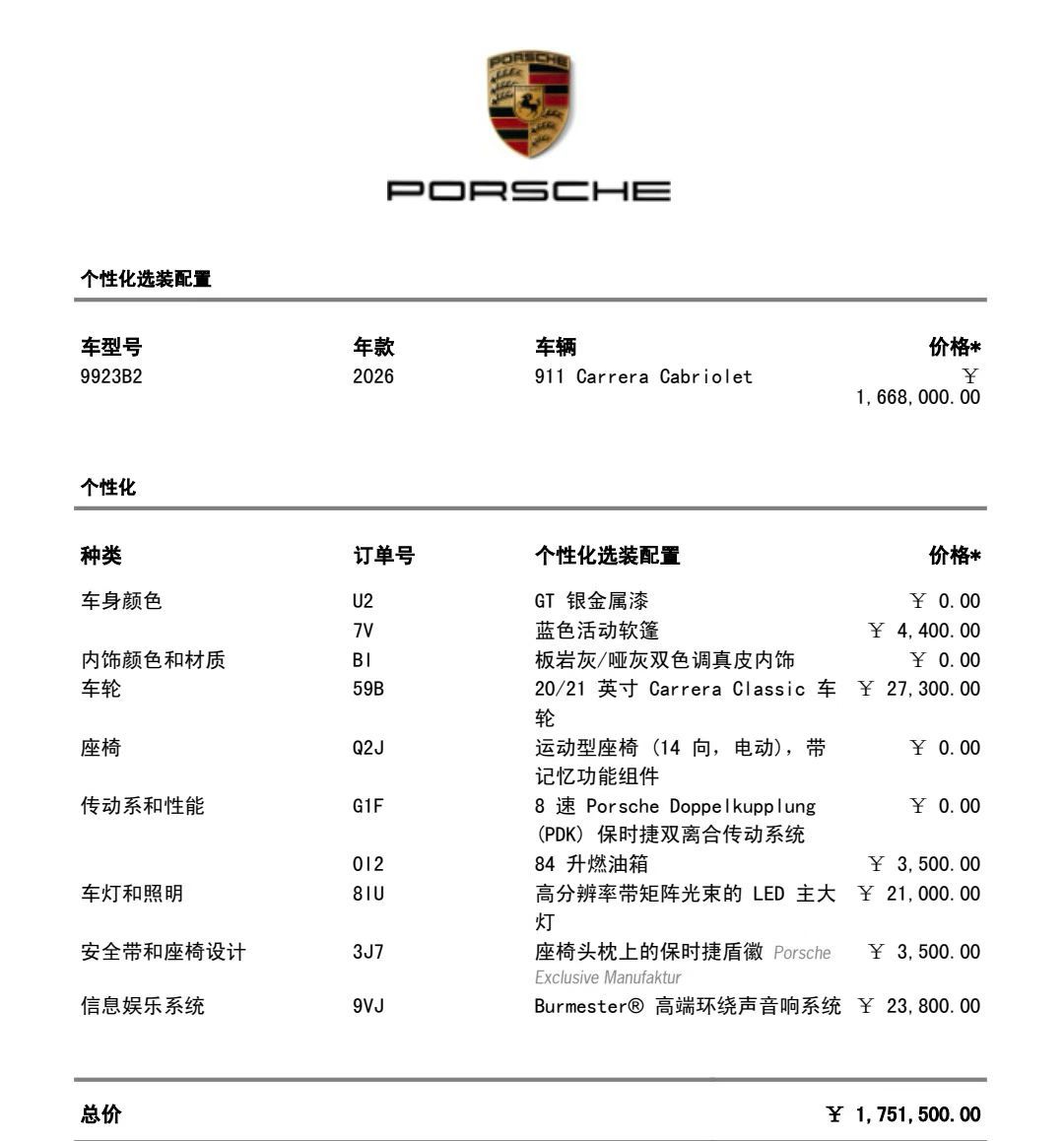 保时捷911 敞篷配置单见图8优惠10个点175.15*0.9=157.6万客户