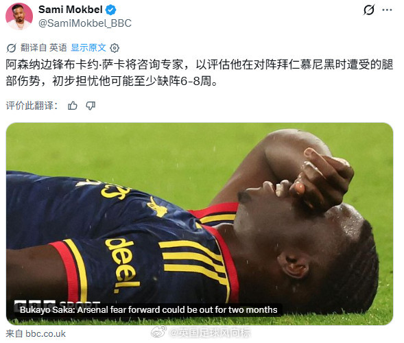 【萨卡可能伤停两个月】BBC名记Sami Mokbel：周中在欧冠比赛中受伤的阿