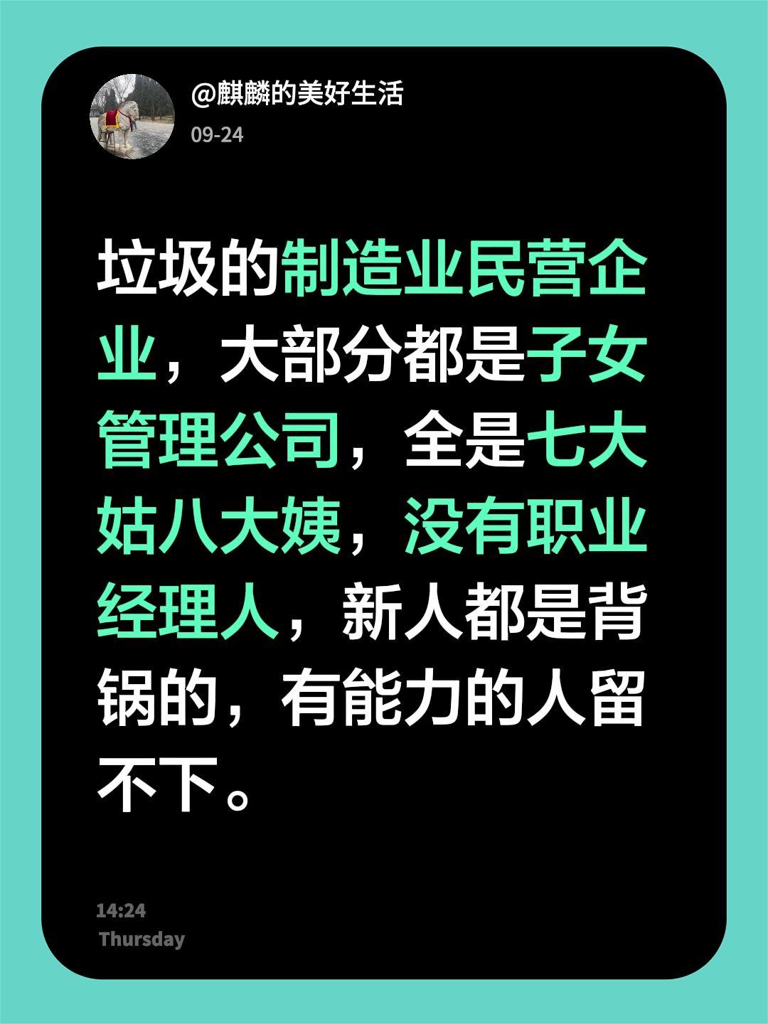 垃圾的制造业民营企业，大部分都是子女管理公司，全是七大姑八大姨，没有职业经理人，