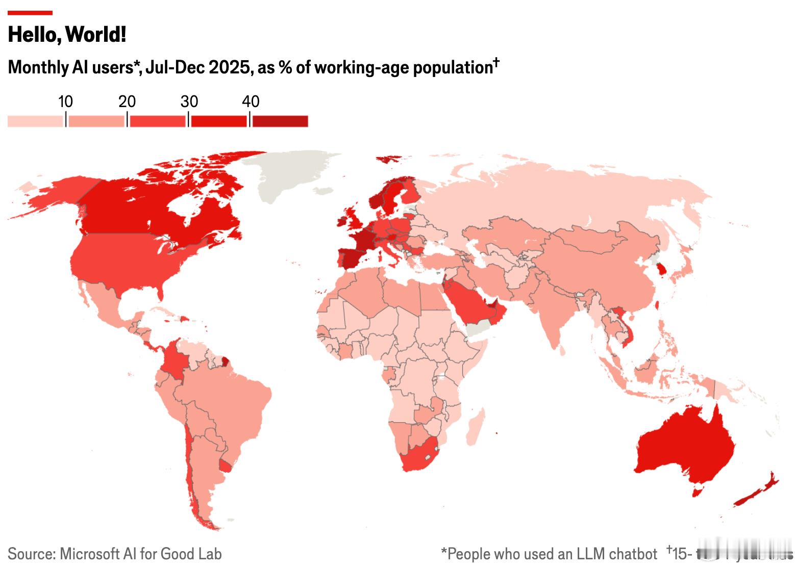 阿拉伯联合酋长国、新加坡、挪威、爱尔兰和法国的居民是人工智能应用最广泛的群体。在