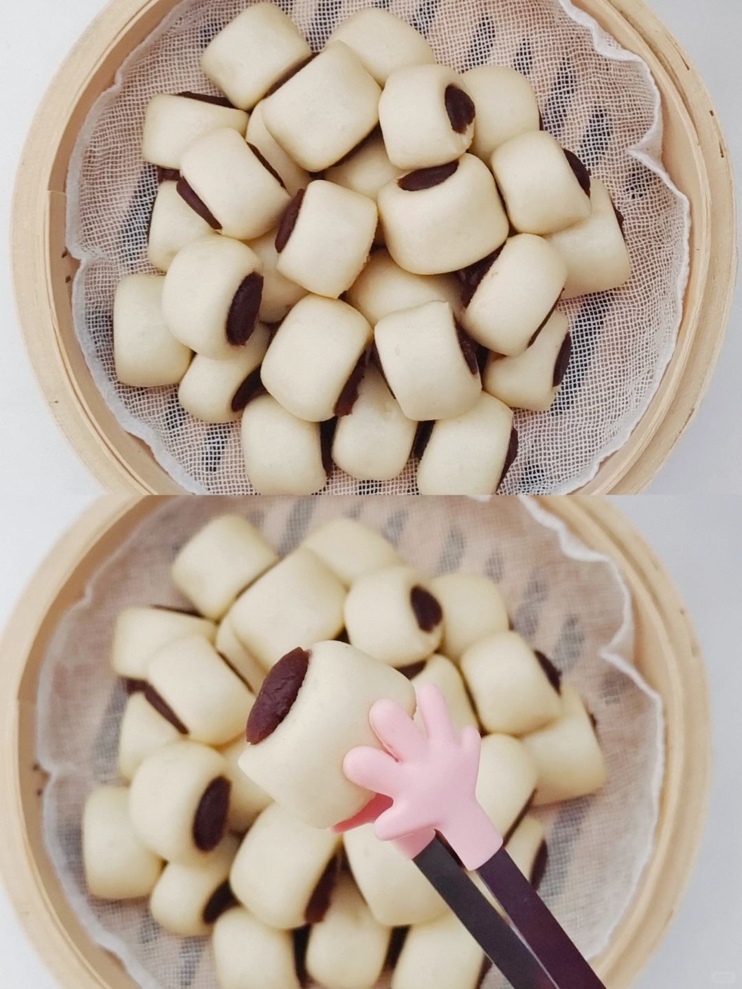 蓬松暄软·宝宝都爱吃的豆沙夹心馒头。