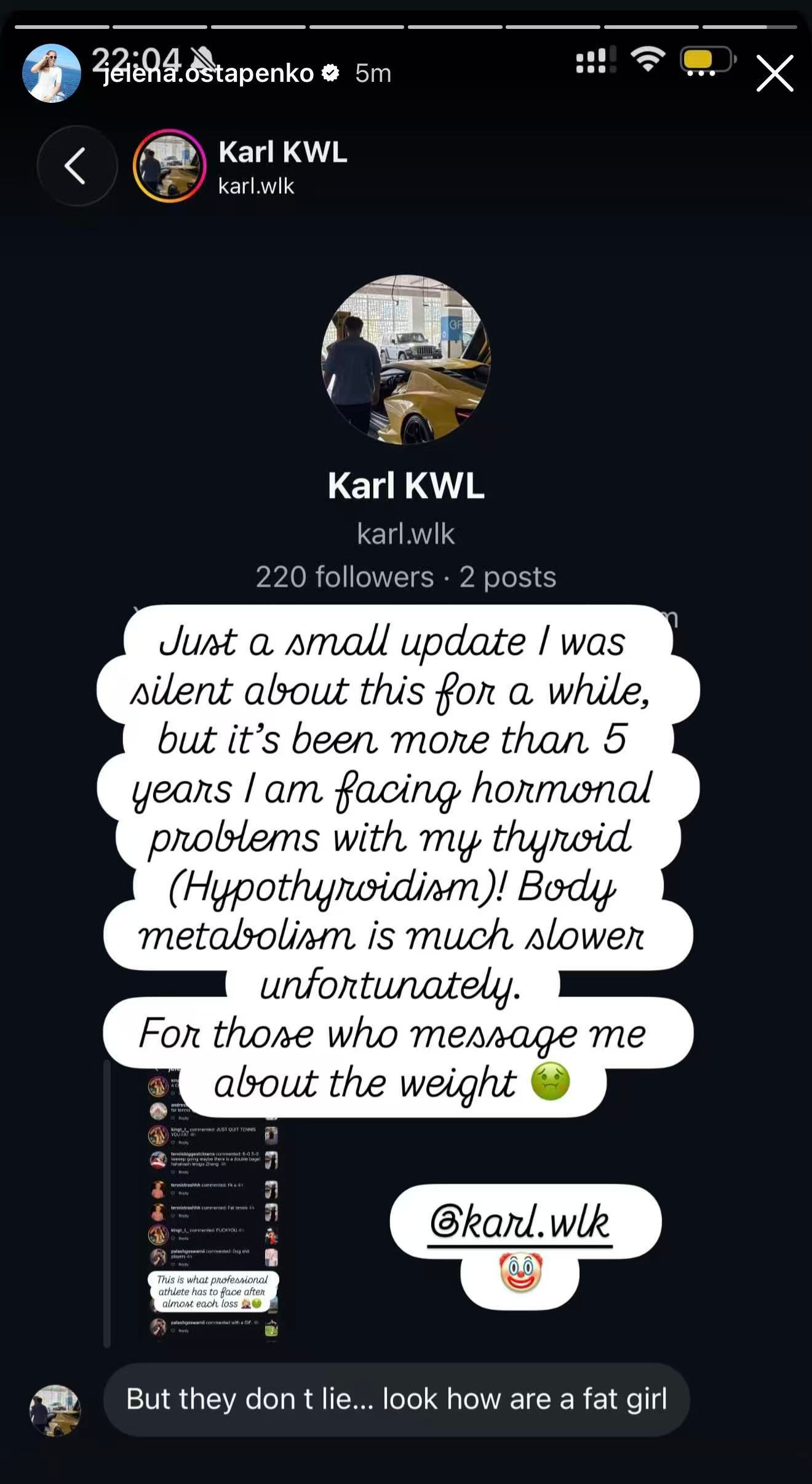 奥斯塔彭科输球之后挂了几条赌狗，顺便回应了一下赌狗们叫自己fat girl的事情