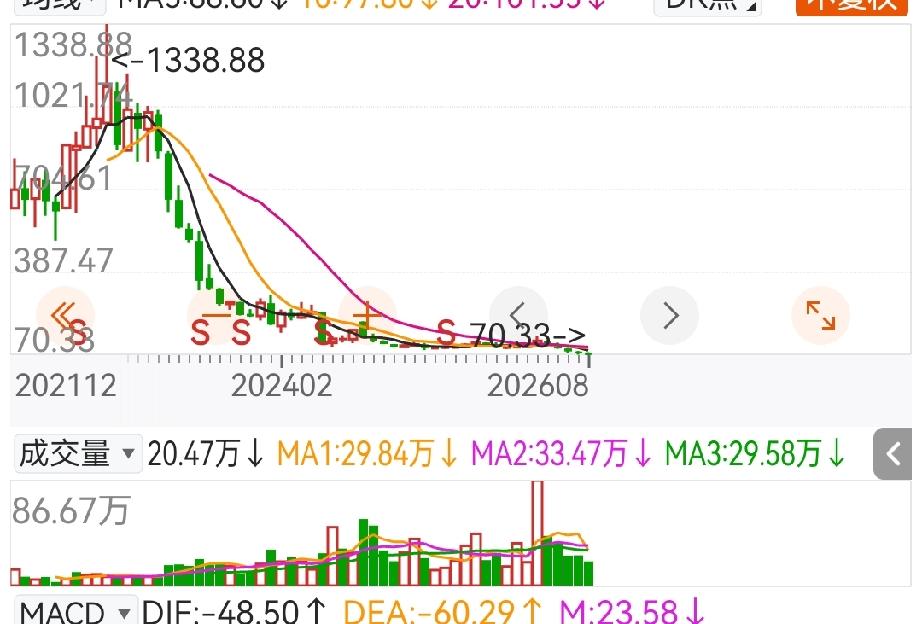 最高时1338.88元，最低70.33元。顶部是对子号，底部对子号，有点意思。不