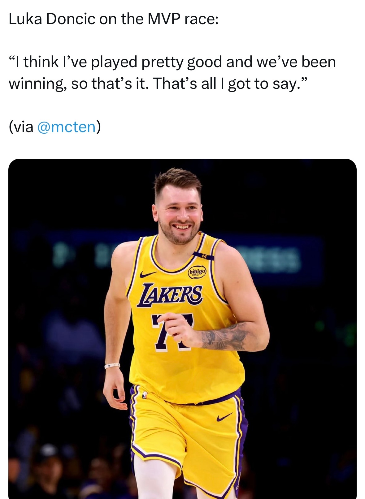 东契奇谈MVP之争：“我觉得自己打得相当不错，而且我们一直在赢球，就这样吧。我要