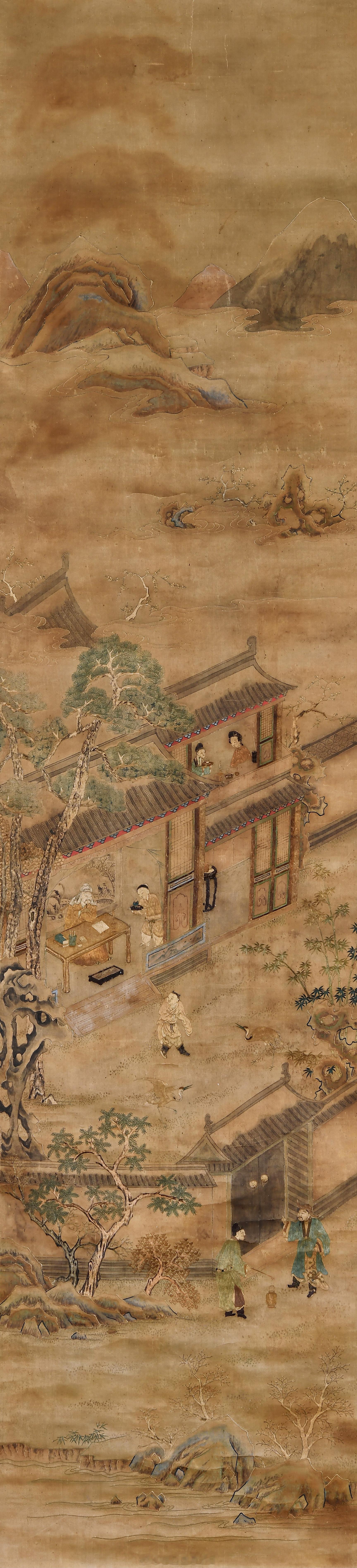 明 顾绣观鹤图轴本品采用长卷式构图，层次丰富且叙事性突出。远景远山逶迤，云雾朦胧