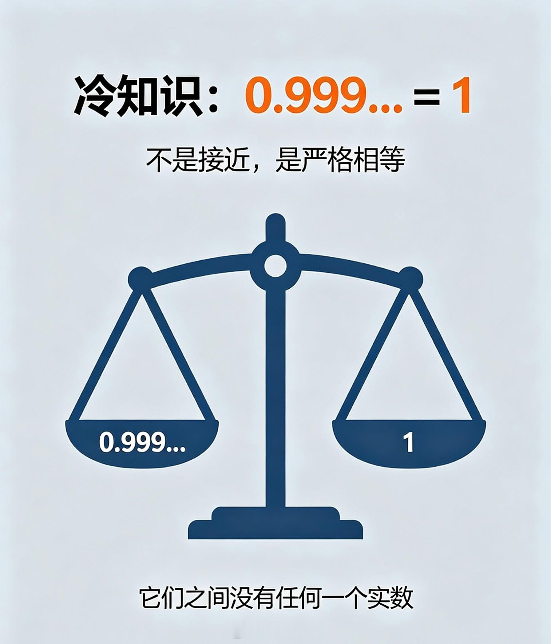 0.999…（无限循环）其实等于1，不是“接近”，是严格相等。因为两者之间不存在
