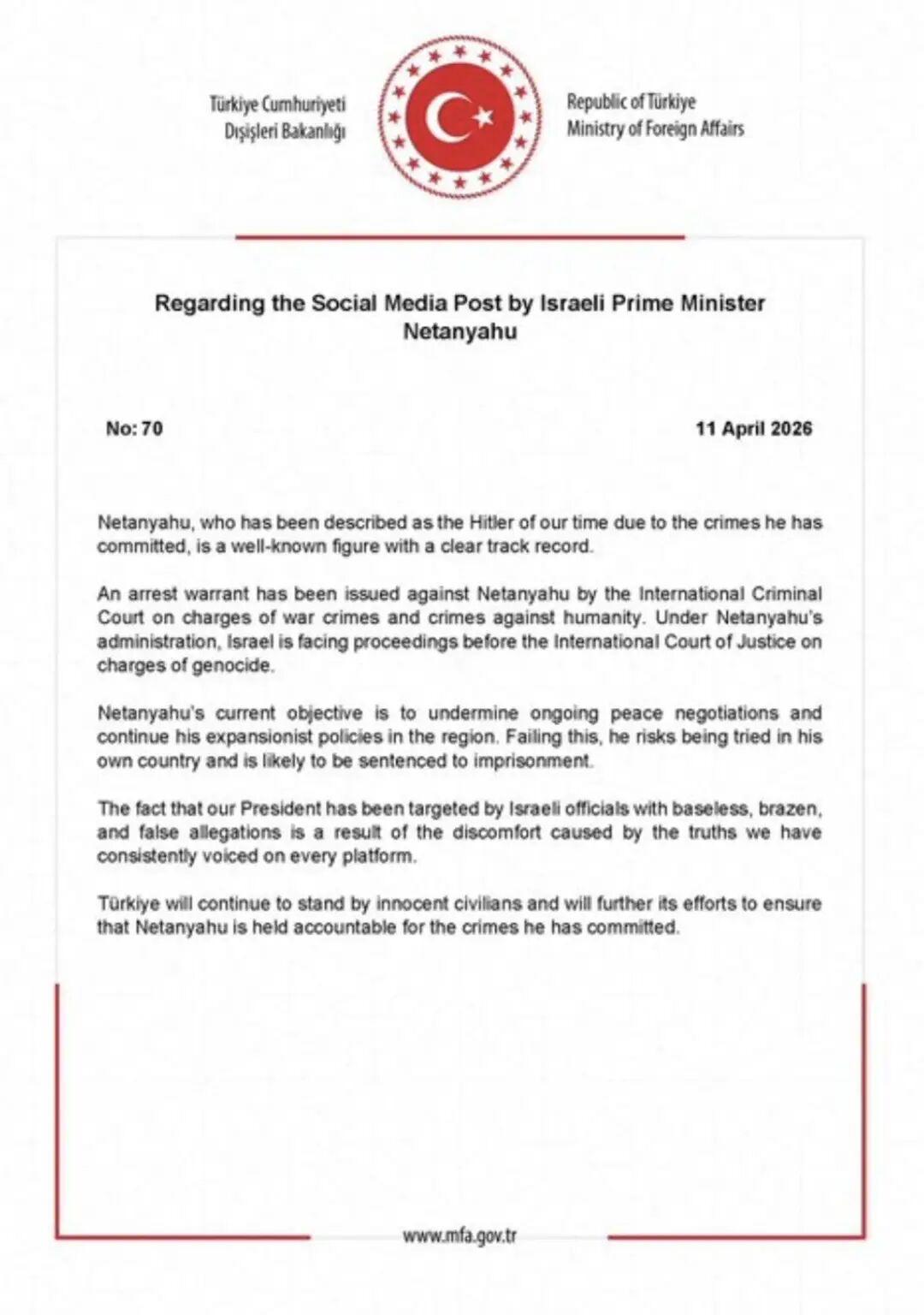 周六晚间，内塔尼亚胡在其拥有380万粉丝的X个人账号上用希伯来语和英语发文，指责